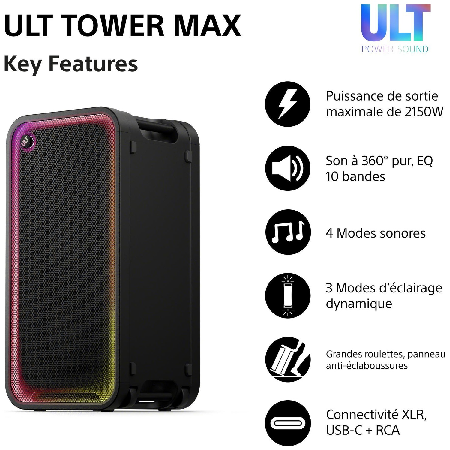 Enceinte Ult Tower Max avec des lumières colorées et les fonctionnalités clés.