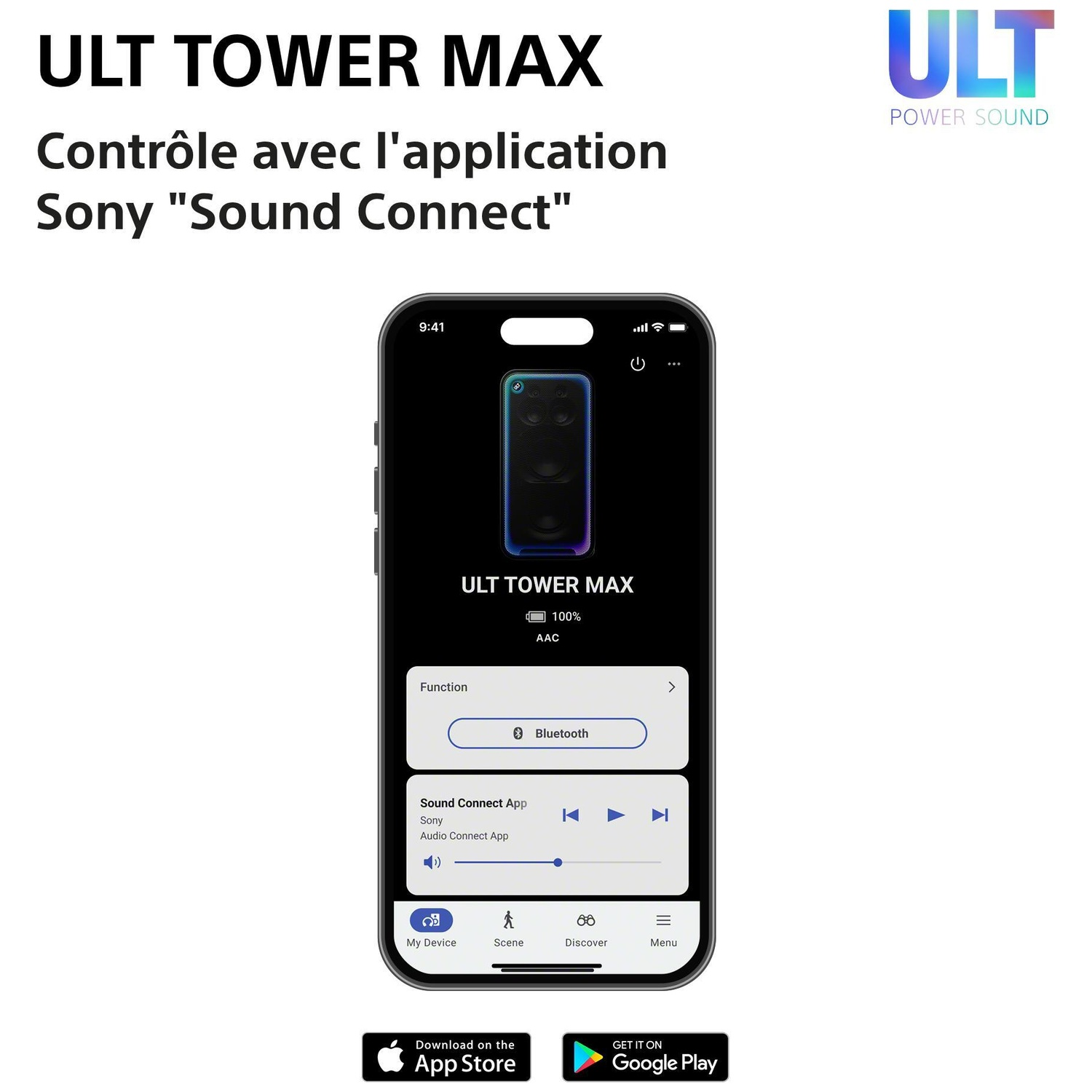 Smartphone affichant l'application Sony Sound Connect contrôlant l'ULT Tower Max.