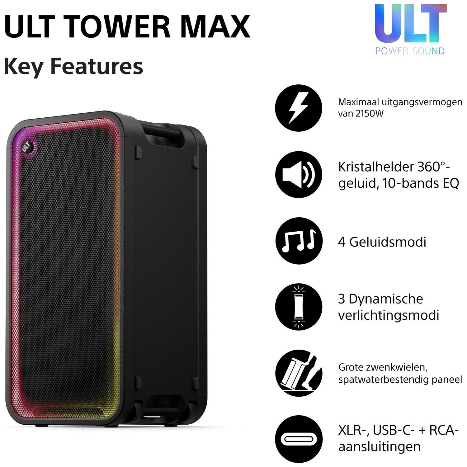 Ult Tower Max kenmerken: zwarte speaker met gekleurde ledverlichting en zes functiepictogrammen.