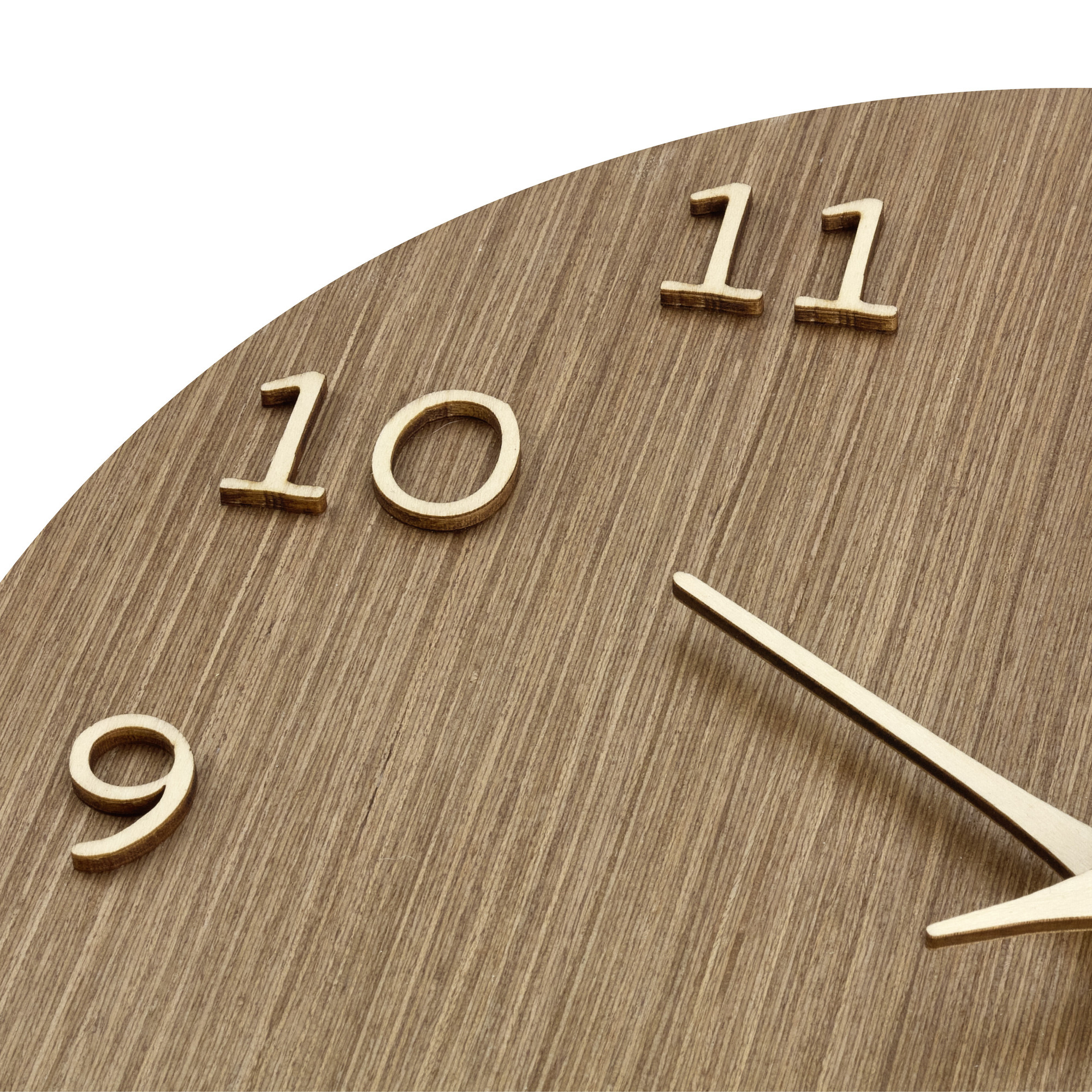 Holz Wanduhr mit den Zahlen 9, 10, 11 und goldenen Zeigern.