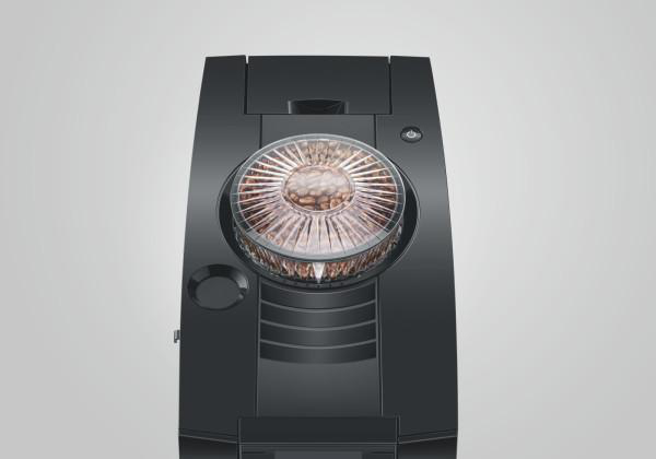 Draufsicht auf eine schwarze Kaffeemaschine mit einer runden, transparenten Kaffeebohnenkammer auf der Oberseite.