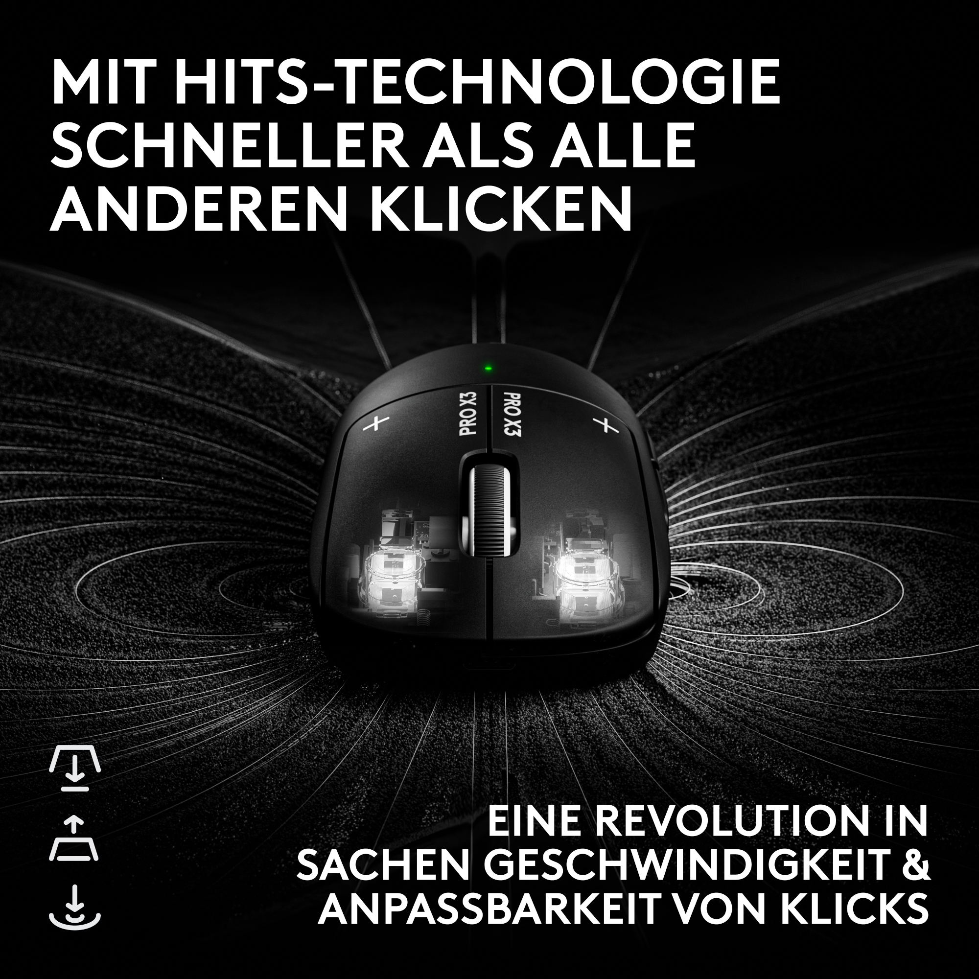 Schwarze Gaming-Maus mit sichtbarer Innenmechanik auf dunklem, strahlenförmigen Hintergrund und Werbetext.