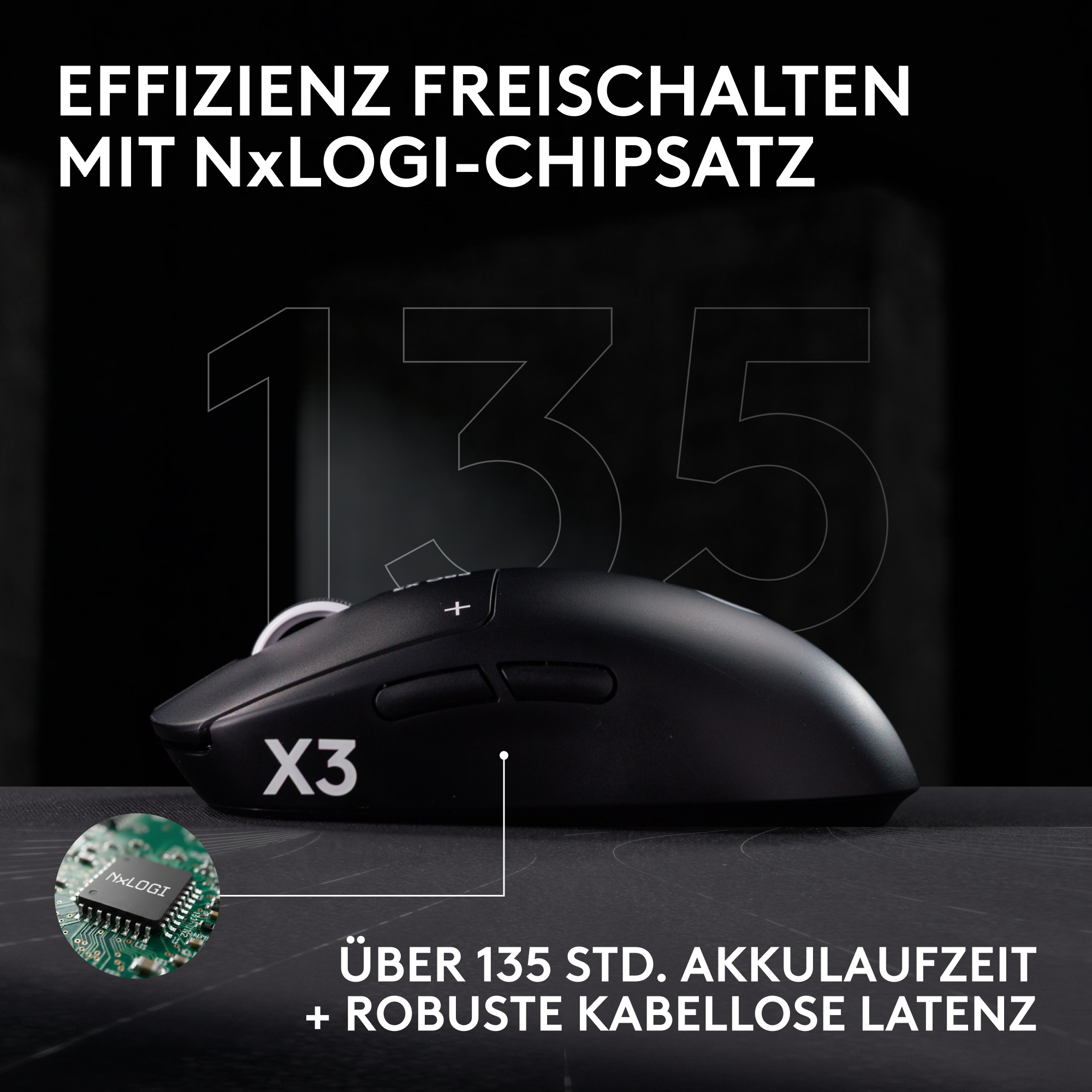 Schwarze X3-Gaming-Maus mit Chip-Inlay, großem Text und dunklem Hintergrund.