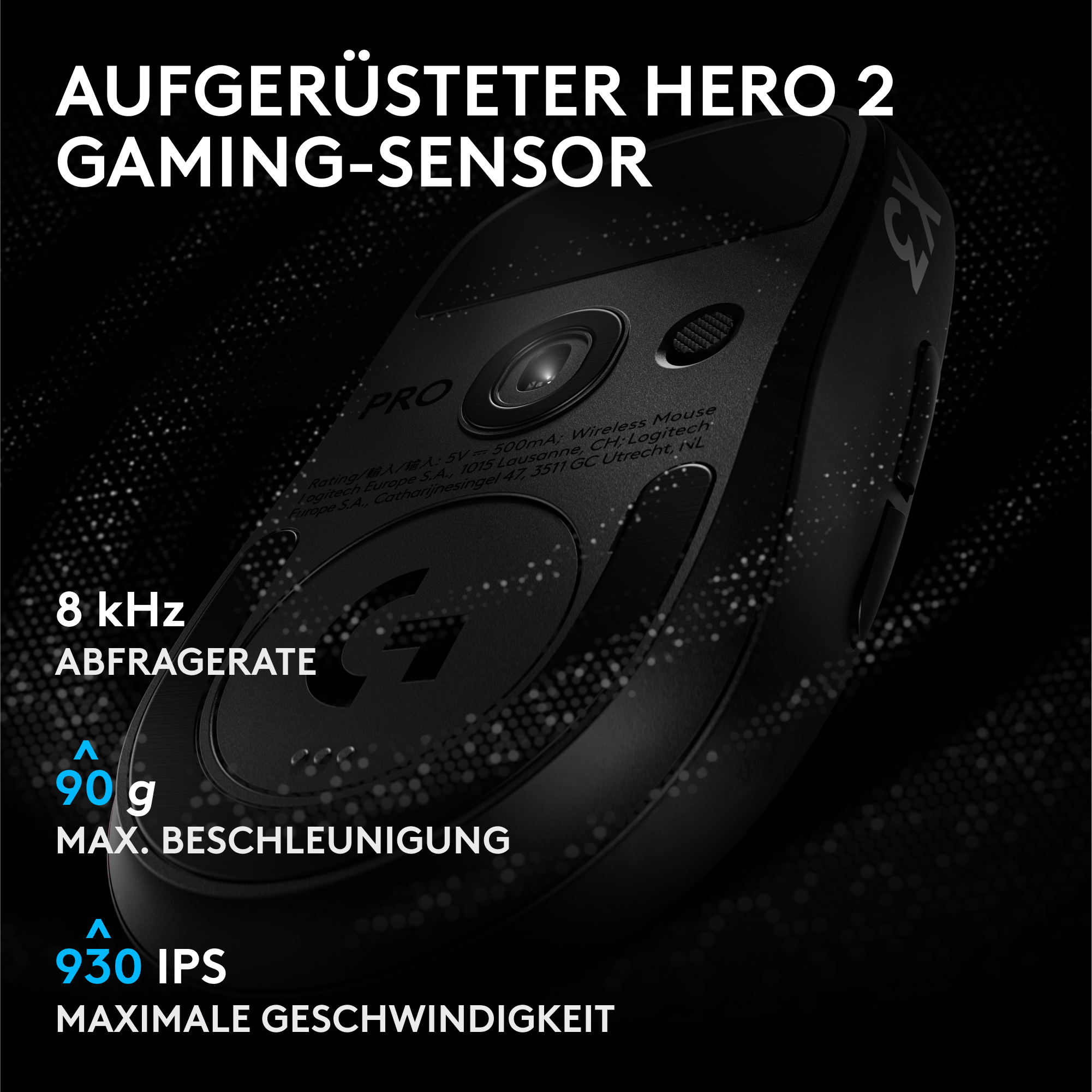Unterseite einer schwarzen Gaming-Maus mit Sensor und Text über technische Daten auf dunklem Hintergrund.