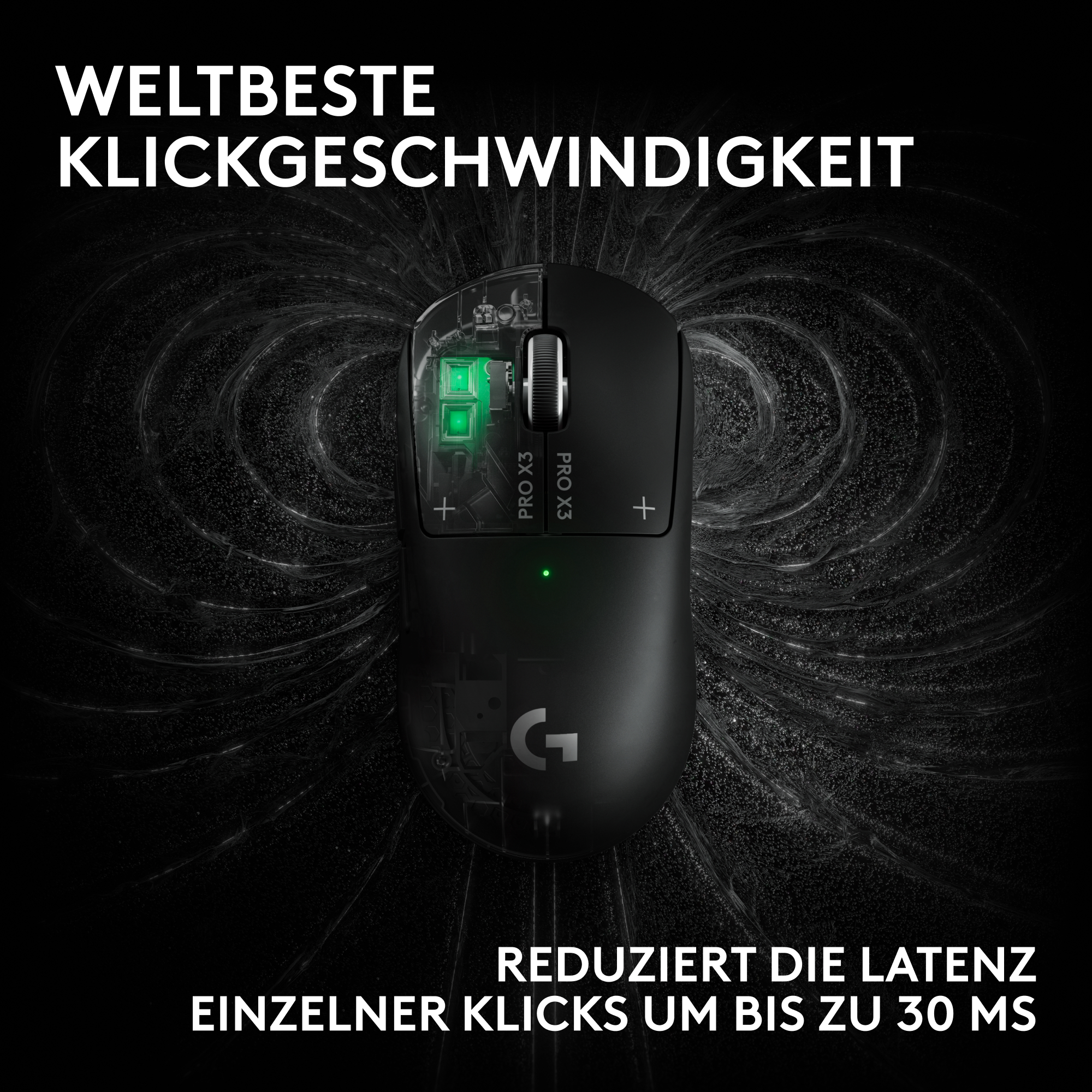 Schwarze Logitech Gaming-Maus auf dunklem Hintergrund mit deutscher Werbeinschrift.