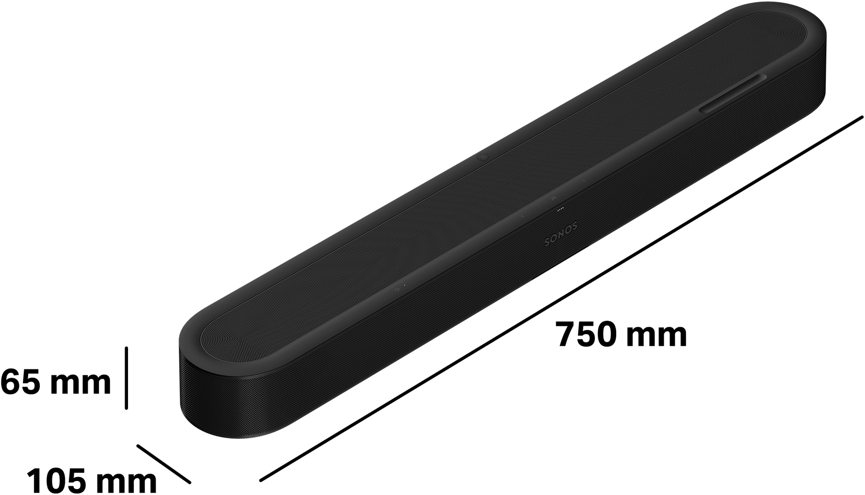 Une longue barre de son Sonos noire inclinée sur fond noir avec la marque visible.