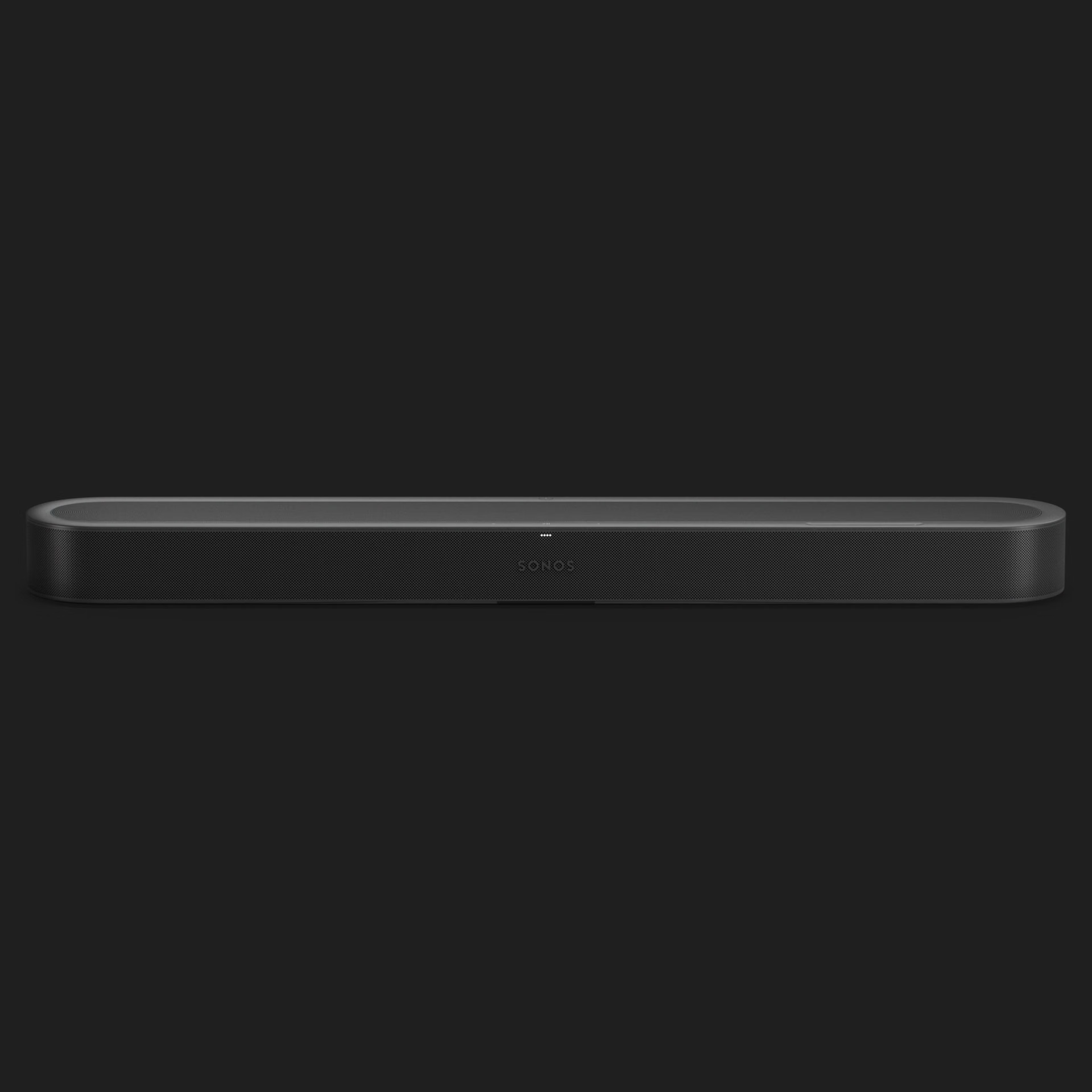 Une barre de son Sonos noire au design épuré et logo centré sur fond sombre.