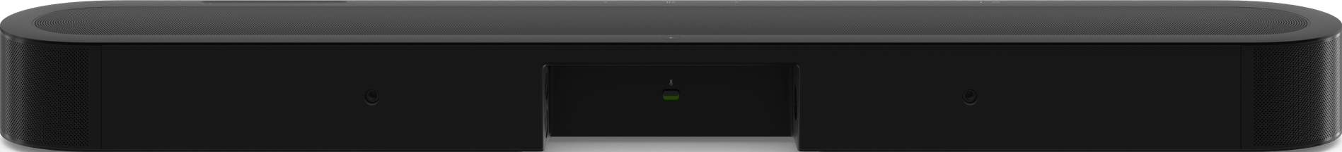 Une longue barre de son noire avec des coins arrondis, des grilles de haut-parleur et un panneau central.