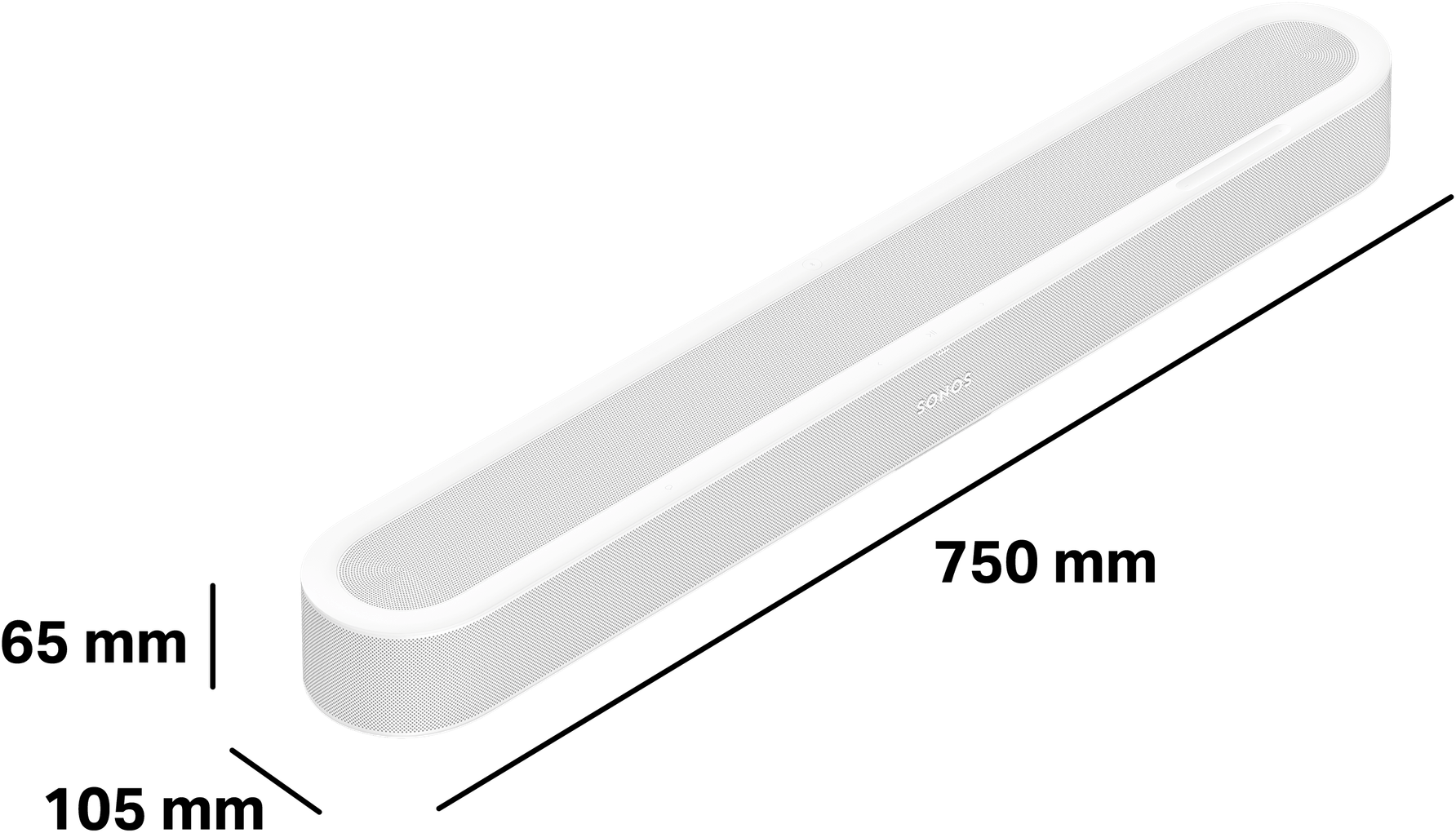Une barre de son Sonos blanche en diagonale sur fond noir.