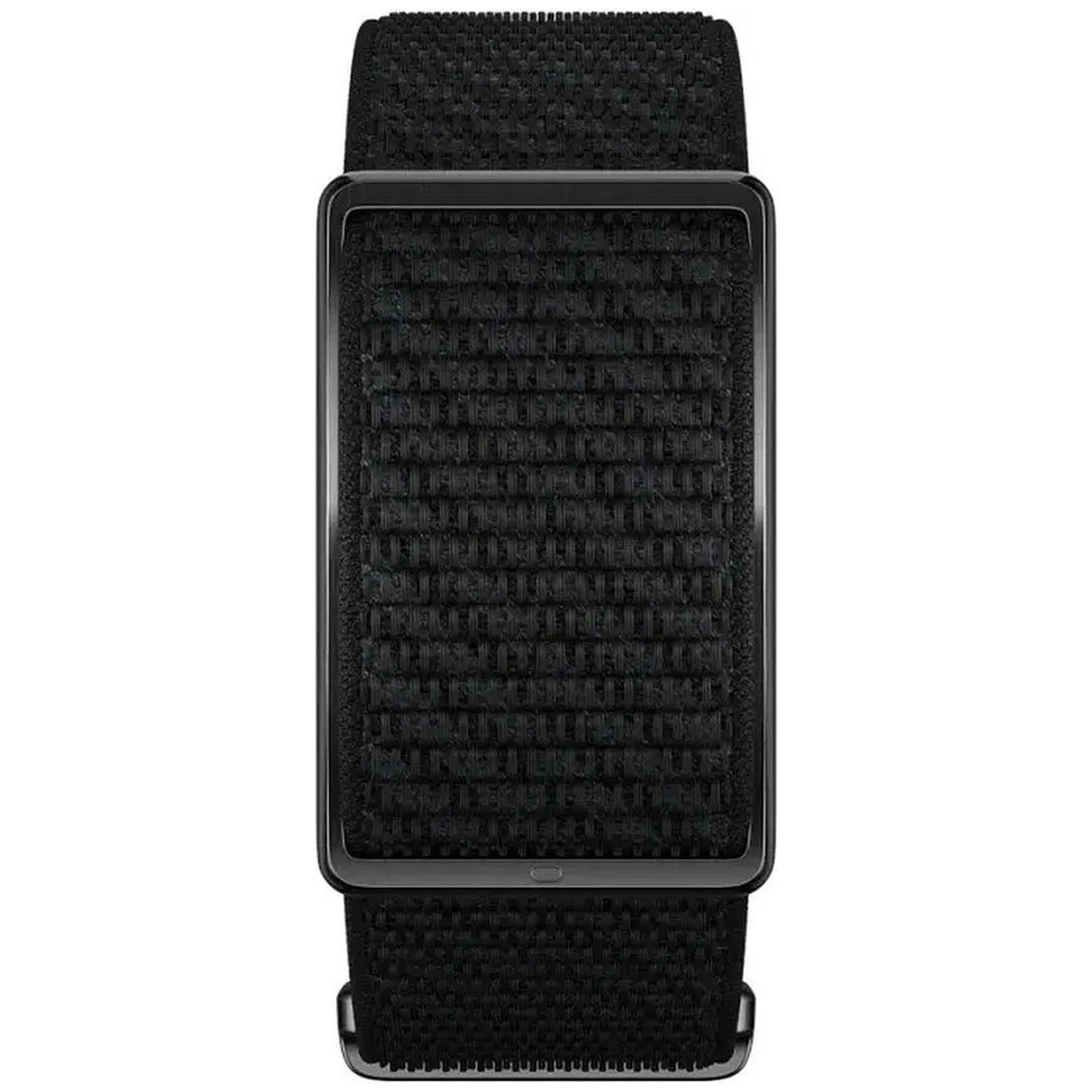 A black smartwatch with a textured, braided strap and a rectangular display featuring a tactile Braille-like pattern.