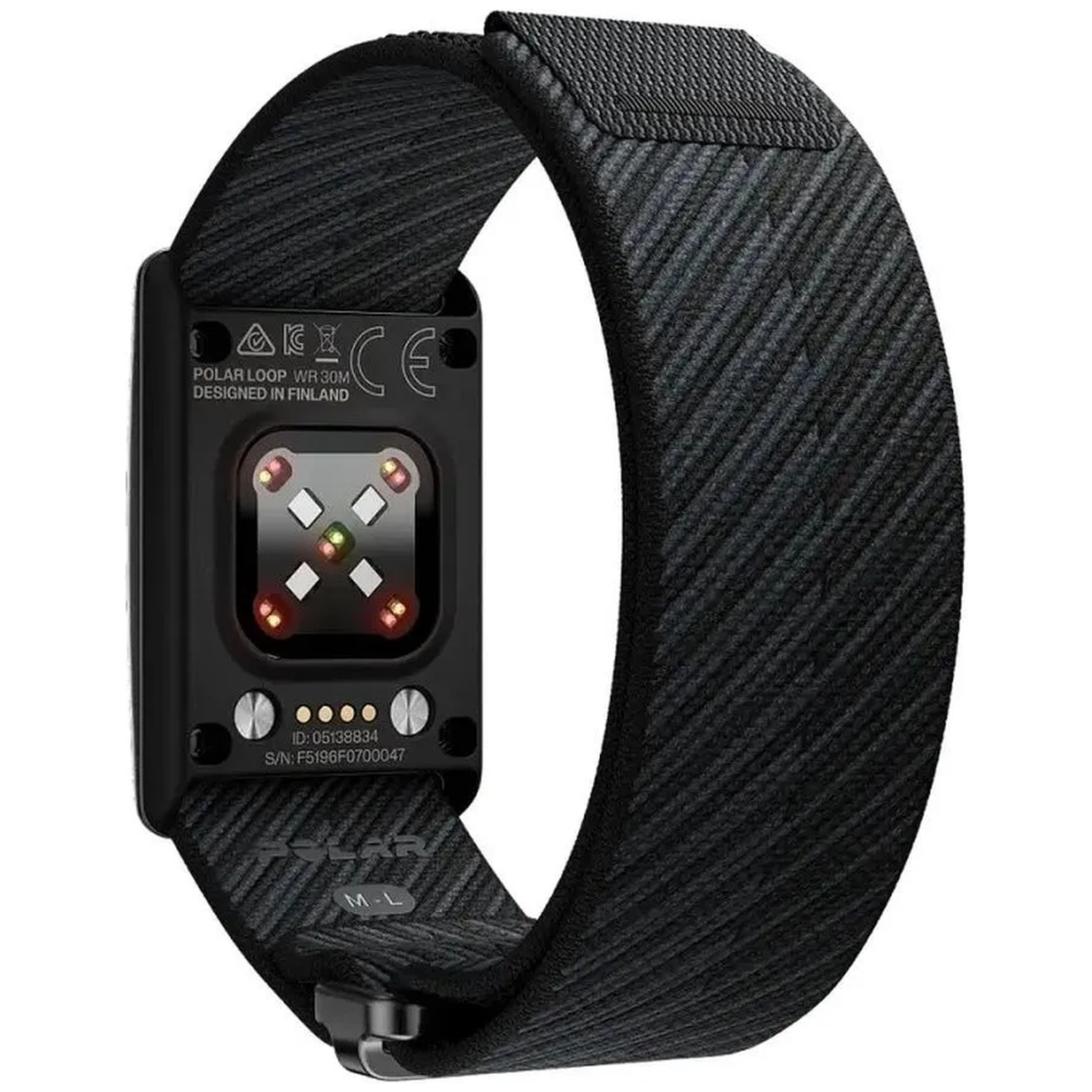 Back of a black Polar Loop fitness tracker showing sensors against a white background.