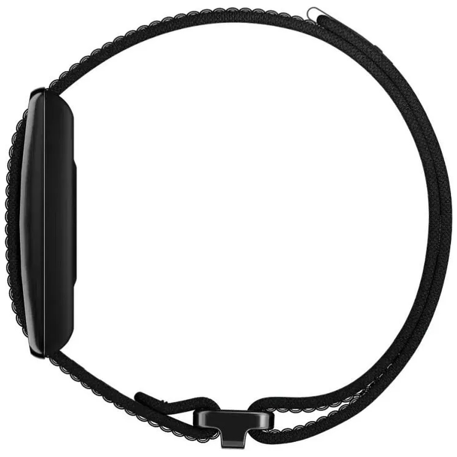 A black smartwatch with a black fabric strap is shown from the side against a white background.