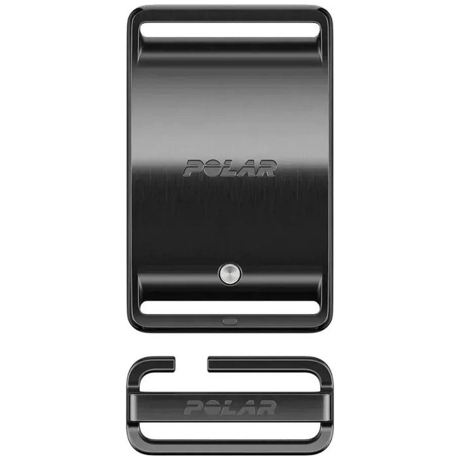 A black Polar belt buckle with metal accents on a white background.