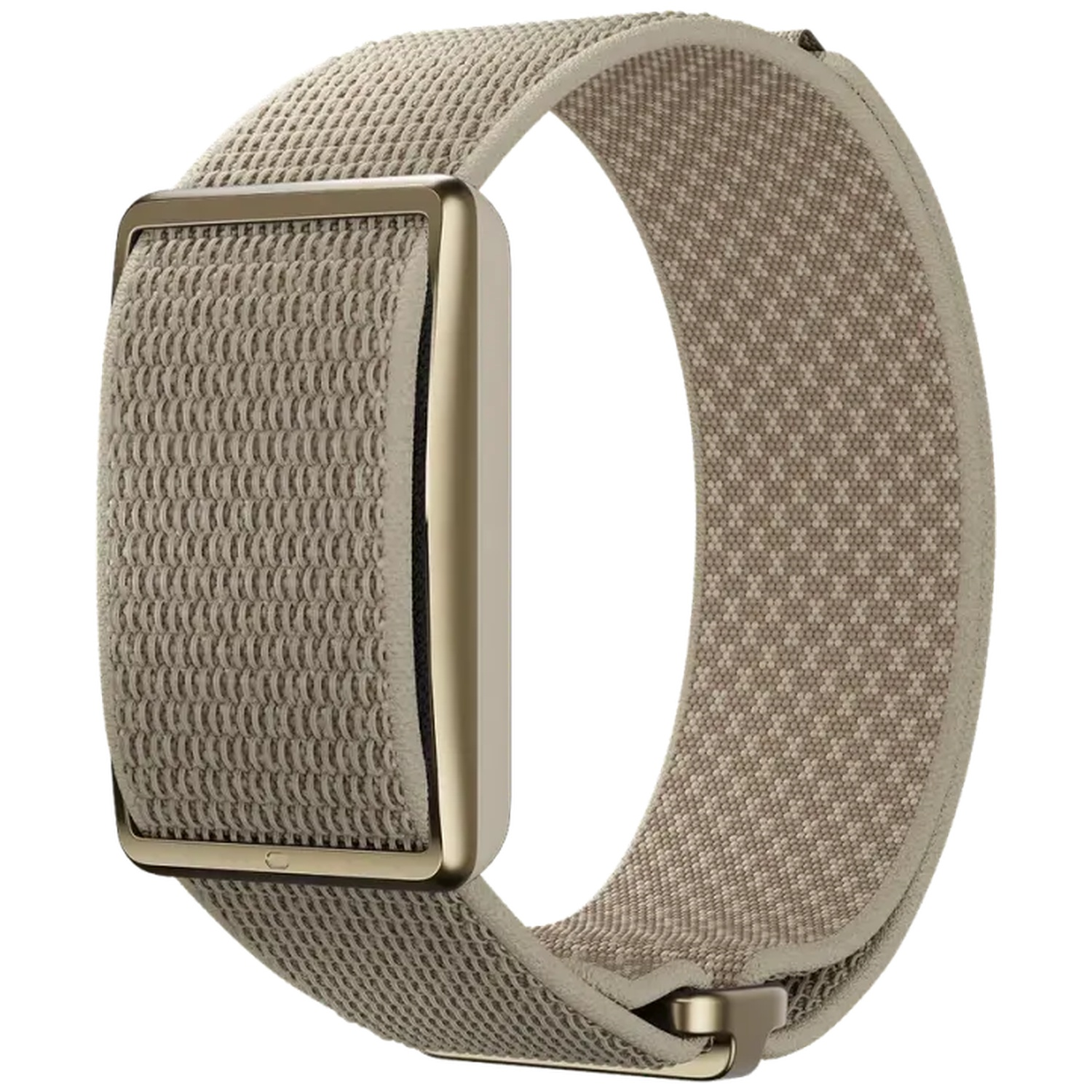 A beige fitness tracker with a rectangular display and textured fabric band on a white background.