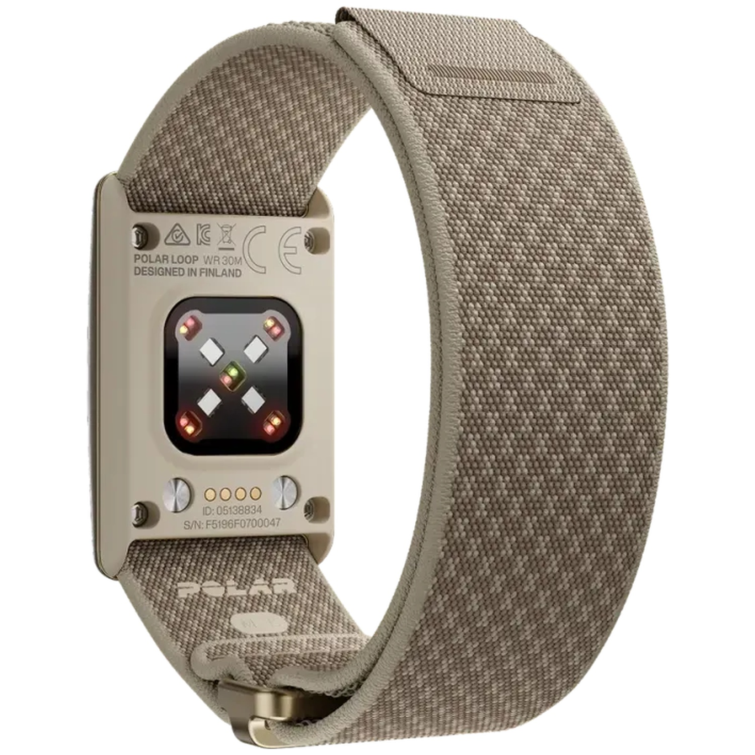 Back of a beige fitness watch with fabric strap, sensor lights, and certification logos.