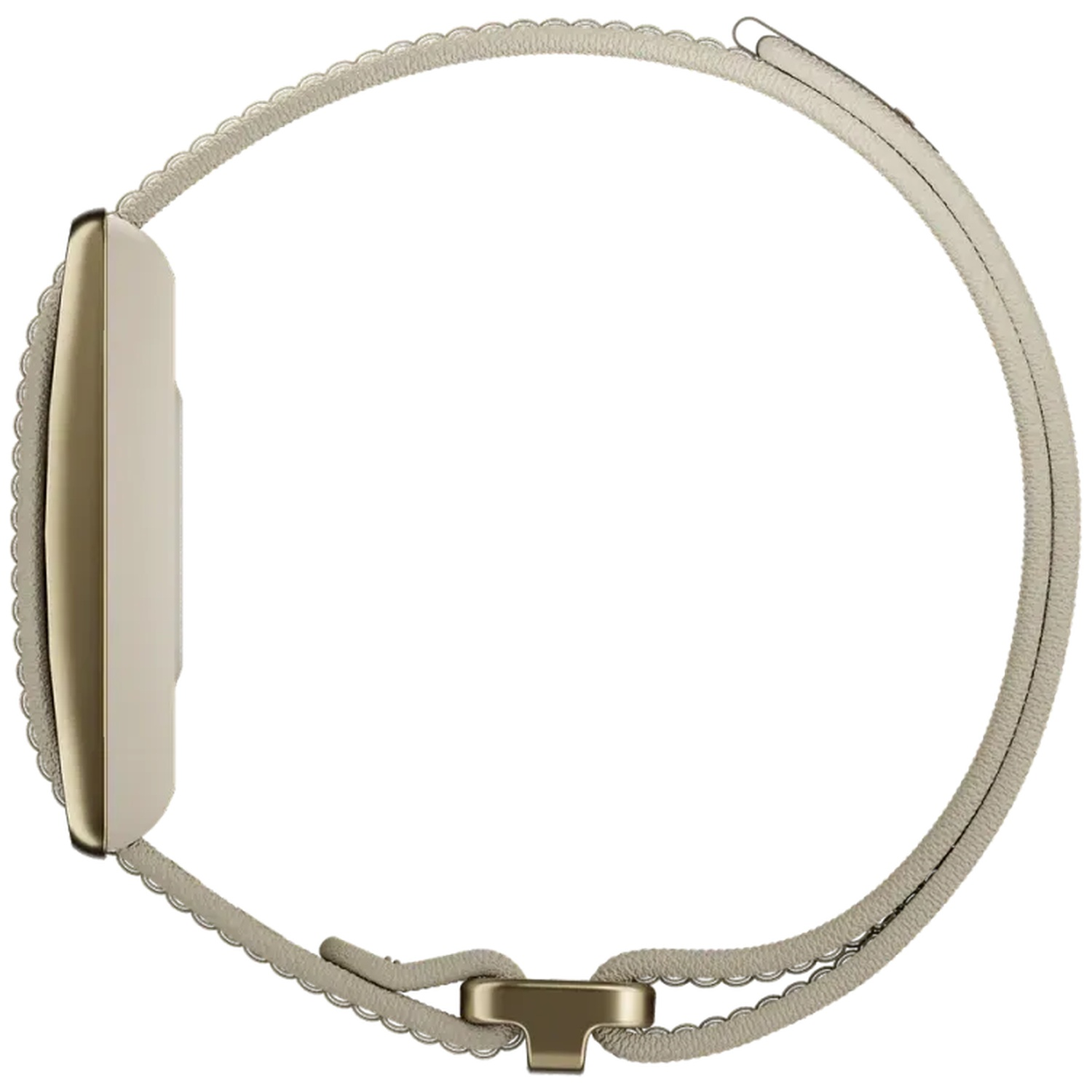 Side view of a gold-colored smartwatch with a light fabric band and metal clasp on a white background.