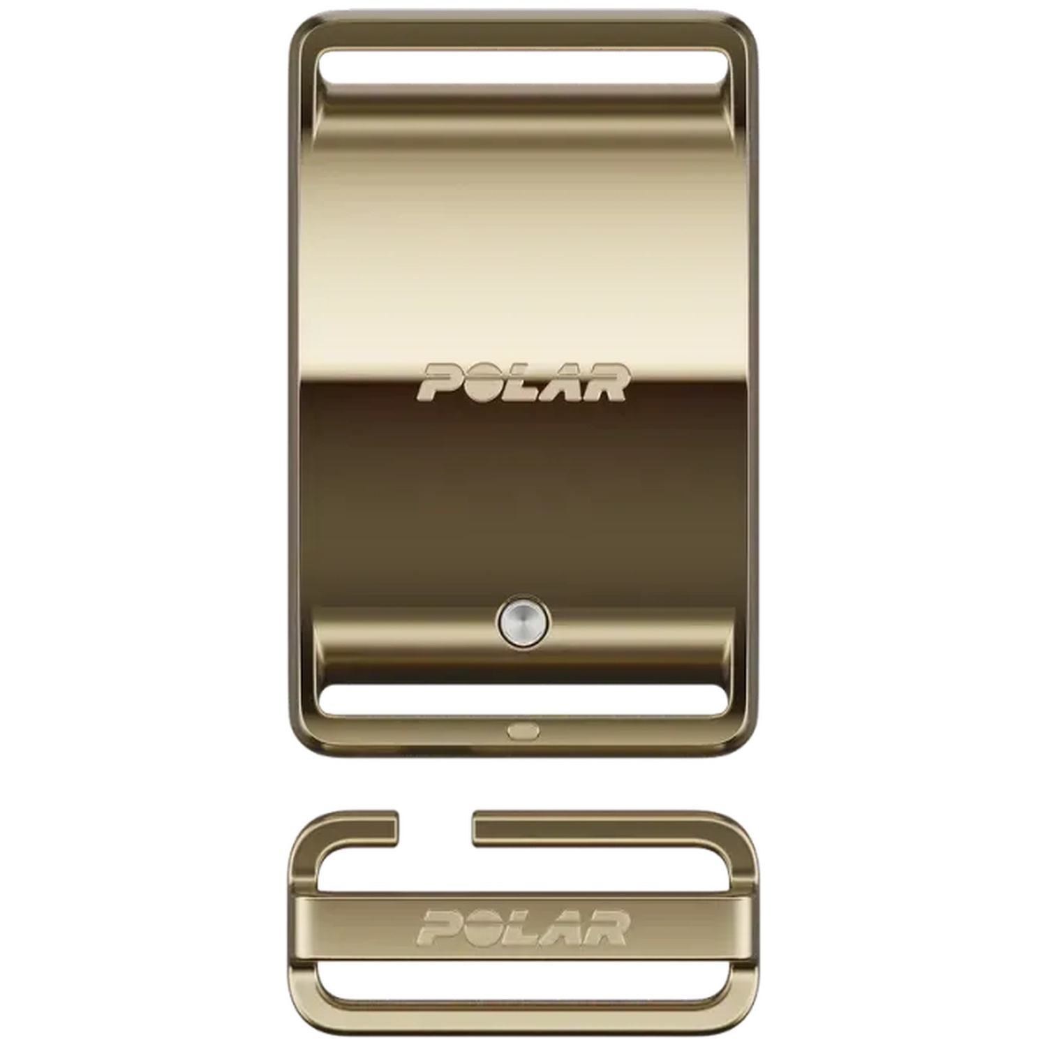 Gold-colored Polar watch buckle and strap keeper against a white background.