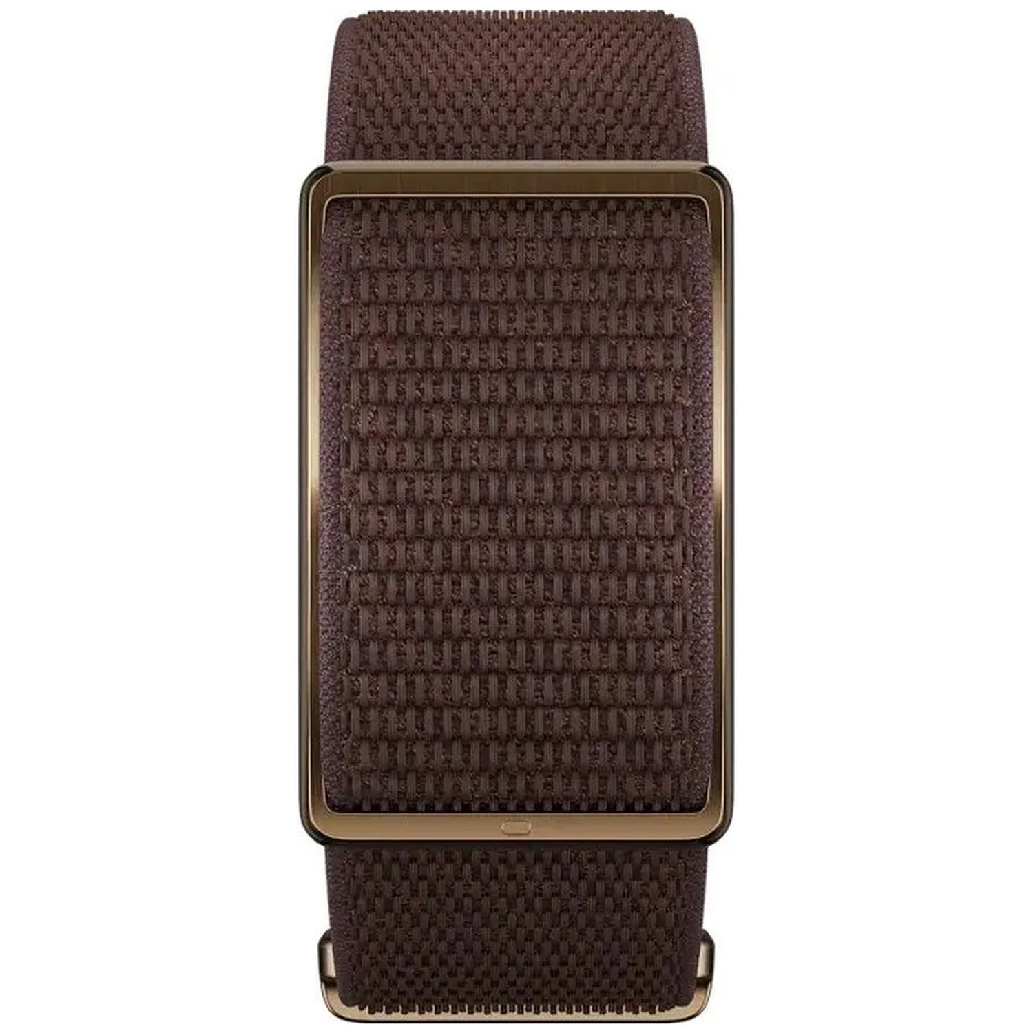 A brown fitness band with a rectangular case and woven strap on a white background.