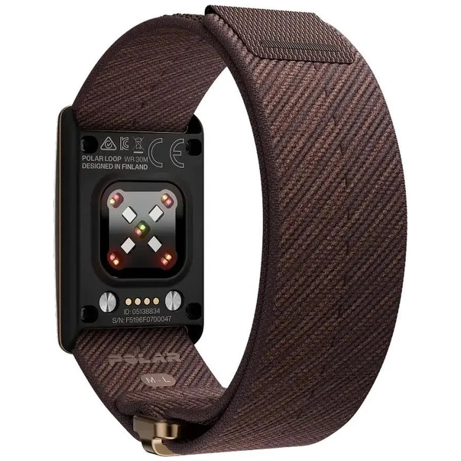 Back of a brown fitness tracker with heart rate sensor and charging contacts.