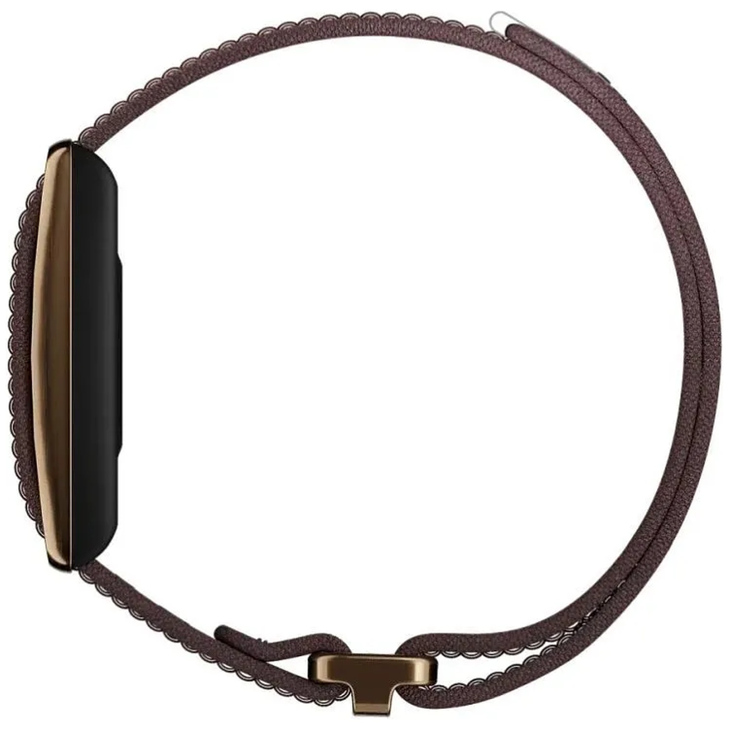 Side view of a brown smartwatch with a dark case and textured strap on a white background.