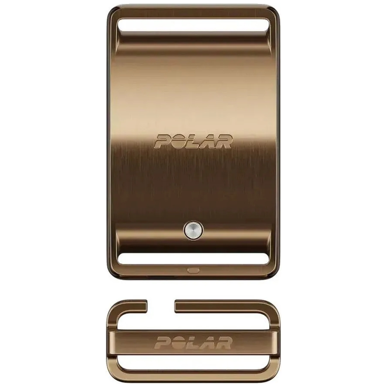 Brownish Polar chest strap buckle with two parts and a metal button.