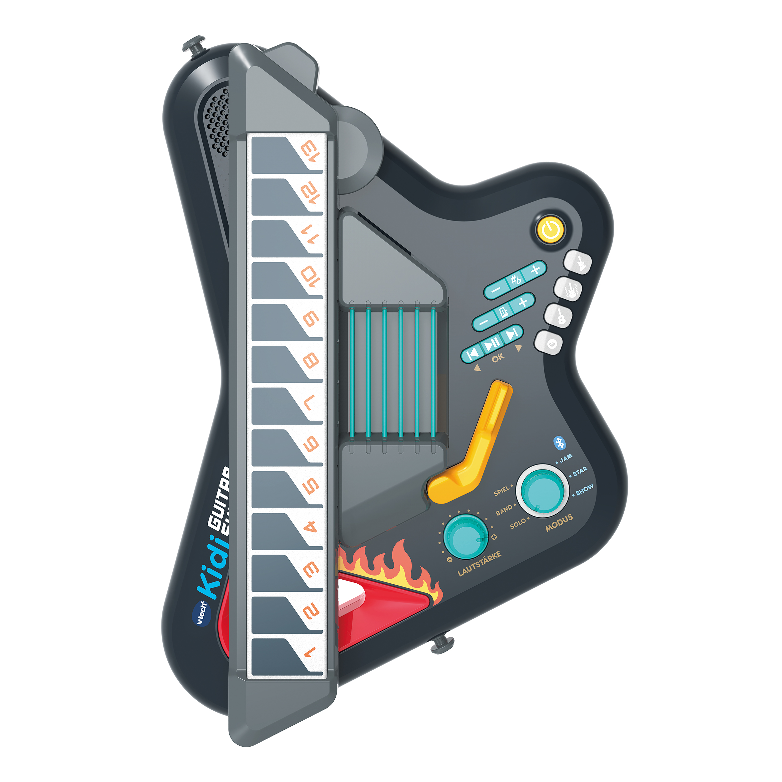 Eine schwarze und graue Vtech KidiGitarre mit bunten Tasten, Saiten und Lautstärkeregler.