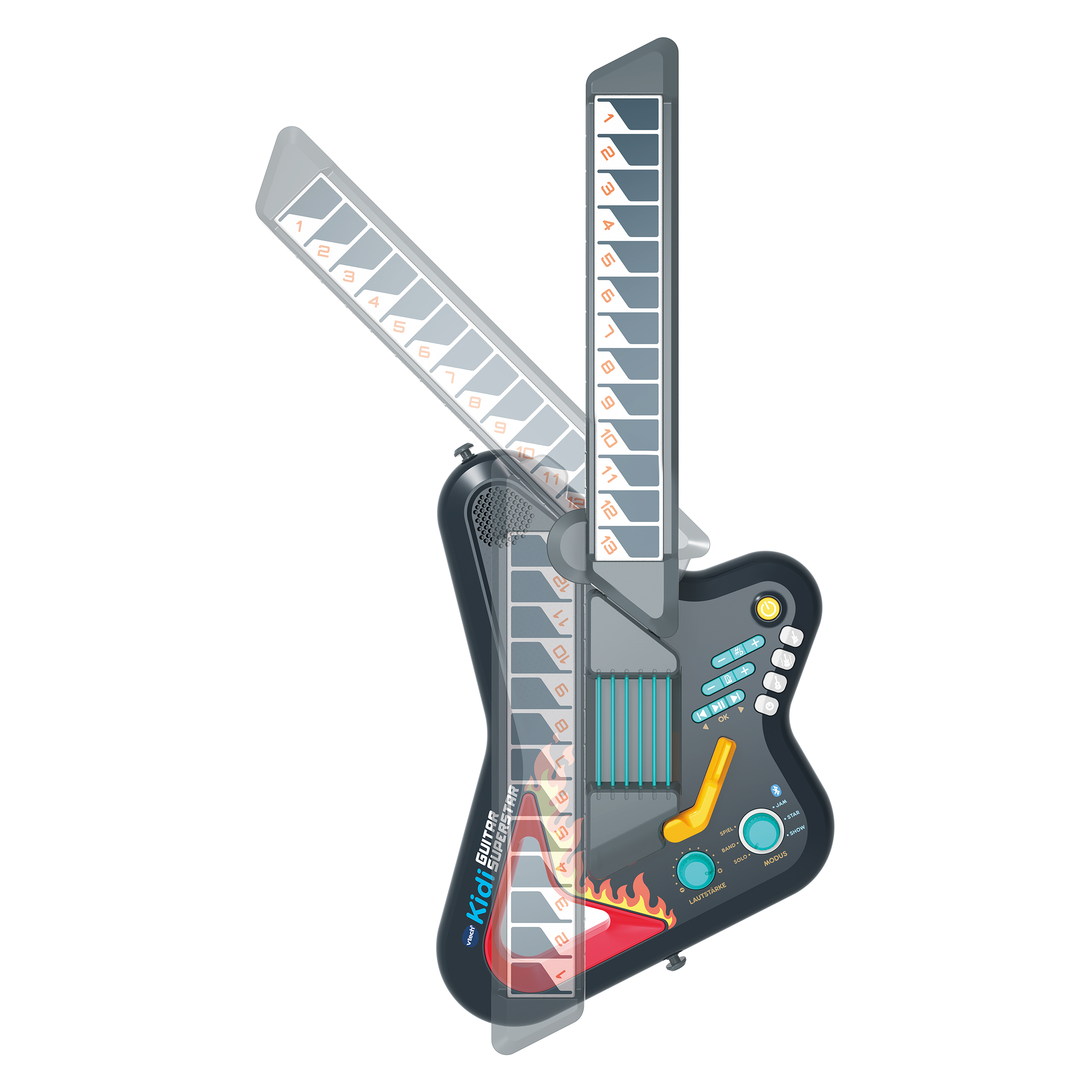 Eine graue Vtech KidiStar Kindergitarre mit Knöpfen und klappbarem Hals.
