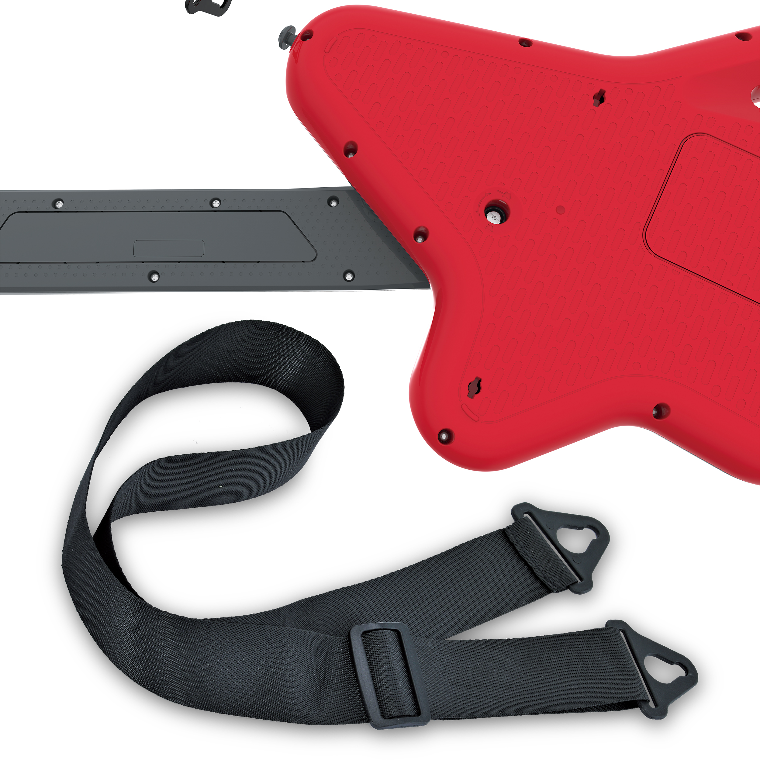 Roter Spielzeuggitarrenkorpus, dunkelgrauer Hals und schwarzer Gurt auf weißem Grund.