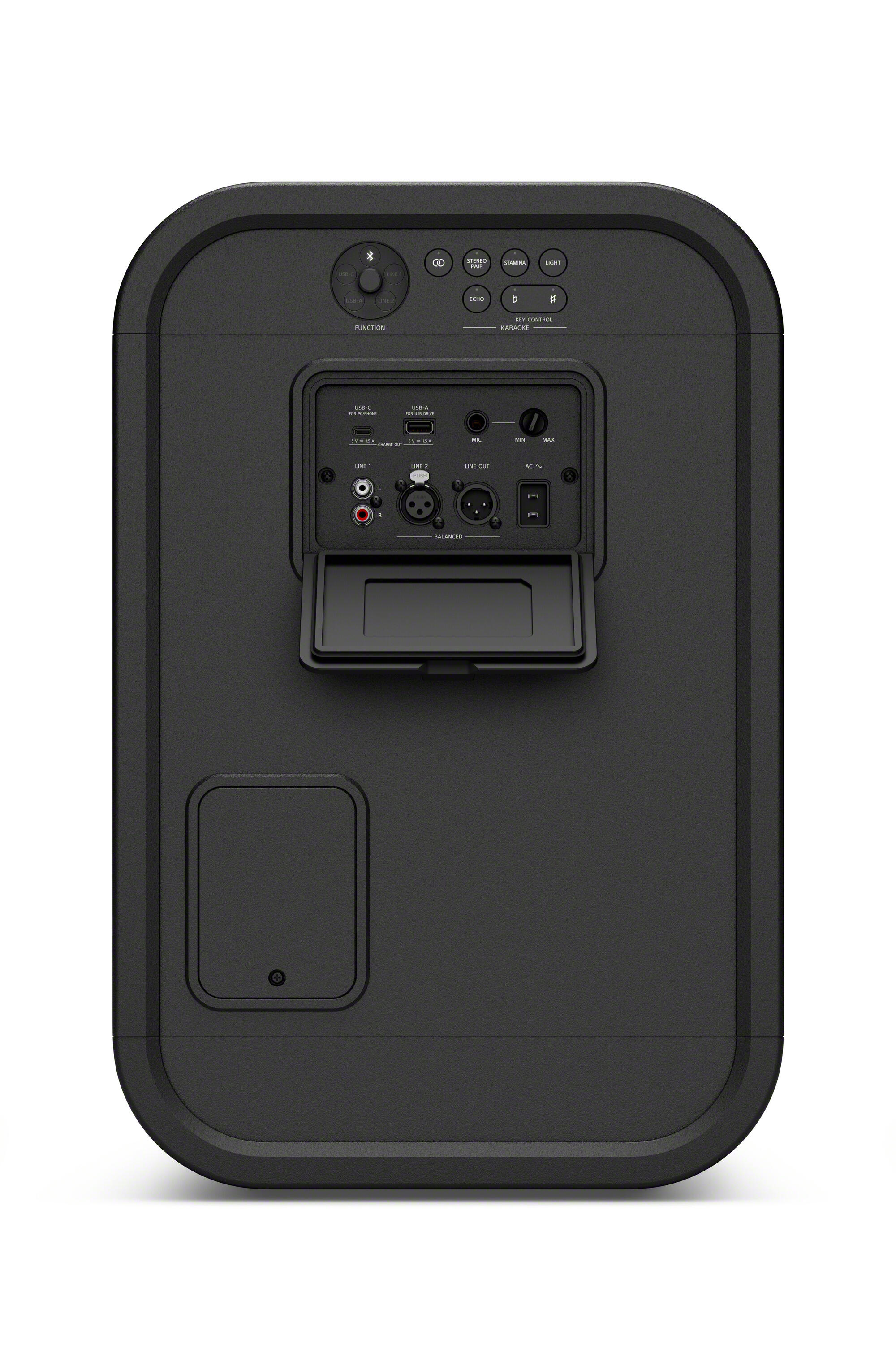 El panel trasero de un altavoz negro con varios puertos, controles y solapas protectoras.