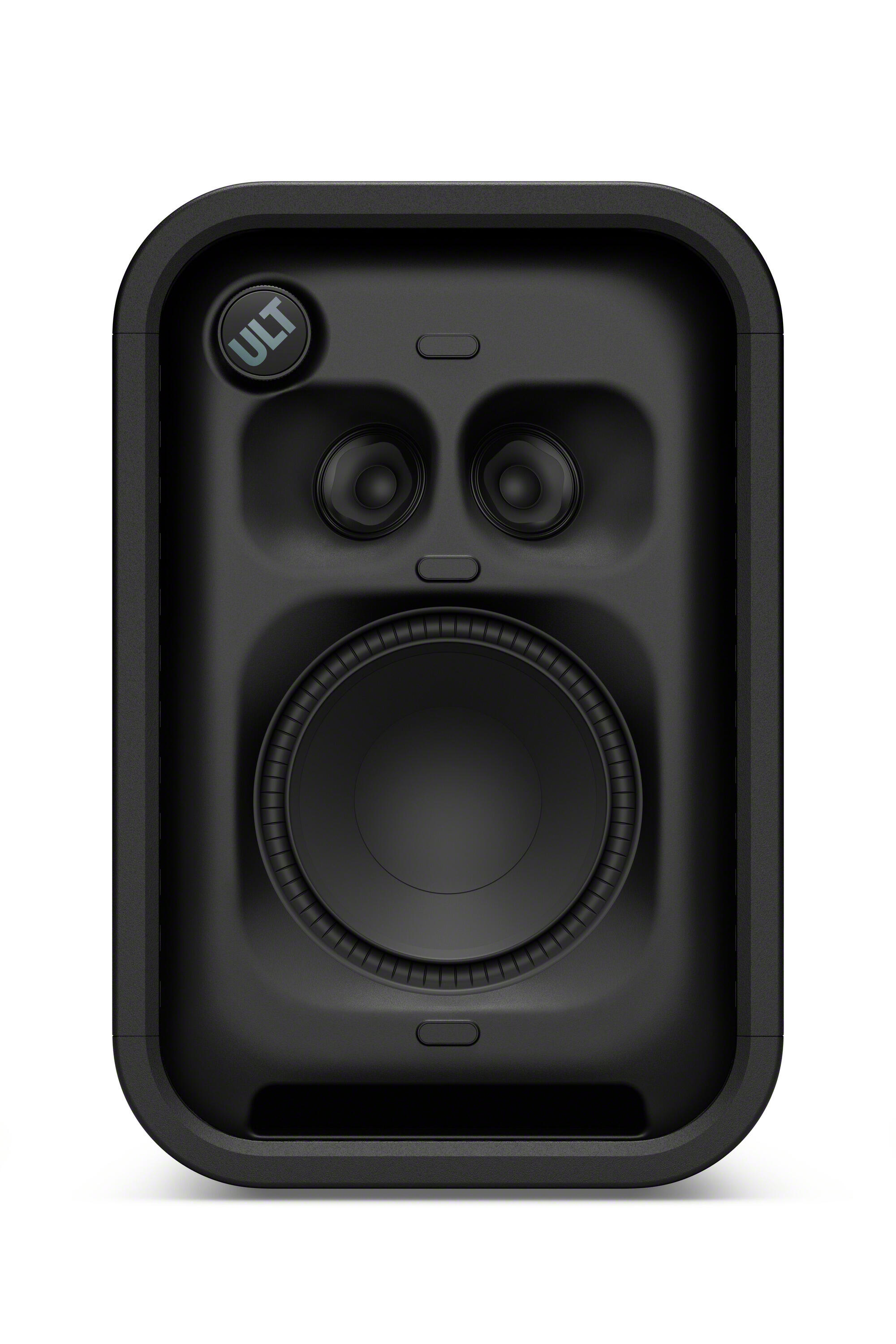 Altavoz ULT negro con un woofer grande, dos tweeters y botones de control sobre fondo blanco.
