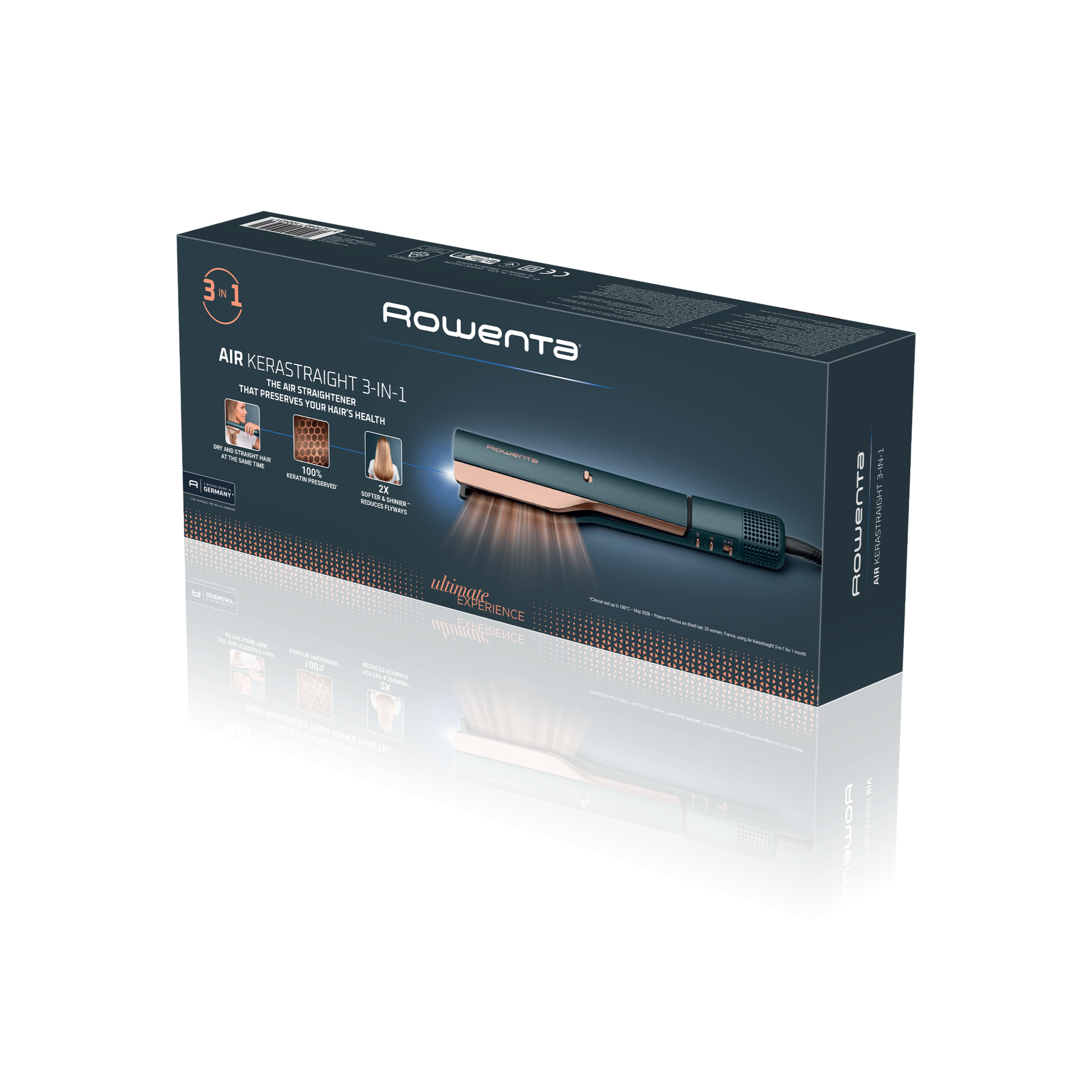 Caja del producto Rowenta Air Kerastraight 3 en 1 sobre fondo negro, mostrando el dispositivo y características.