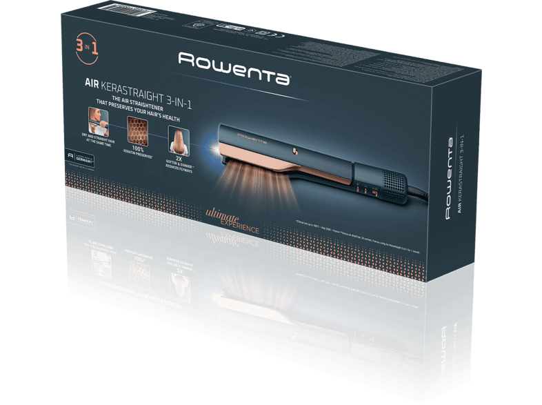 Plancha Secador - Rowenta Air KeraStraight, 3 en 1, Alisado mojado a seco, Keratin, 6 temperaturas, 80 °C 210 °C, 390 g, Azul