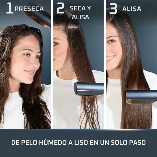 1 preserca, 2 seca y alisa, 3 alisa. De pelo humedo a liso en un solo paso.