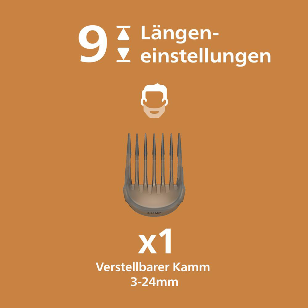 Grafik zeigt 9 Längeneinstellungen und 1 verstellbaren Kamm von 3 bis 24 mm auf braunem Hintergrund.