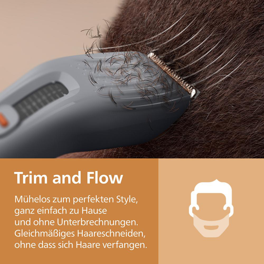 Ein grauer Haarschneider trimmt braunes Haar, mit Text unten auf orangem Hintergrund.