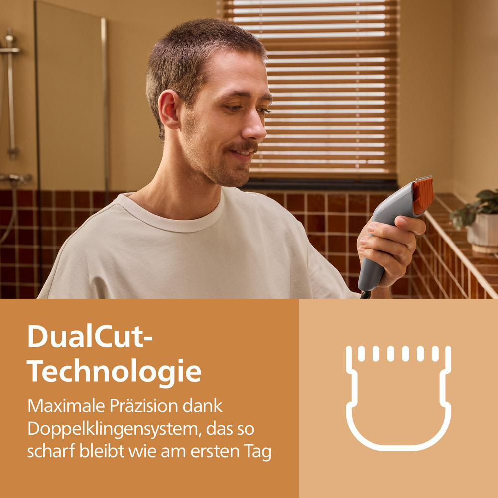 Ein Mann hält einen Haarschneider in der Hand, mit Text zur DualCut-Technologie.