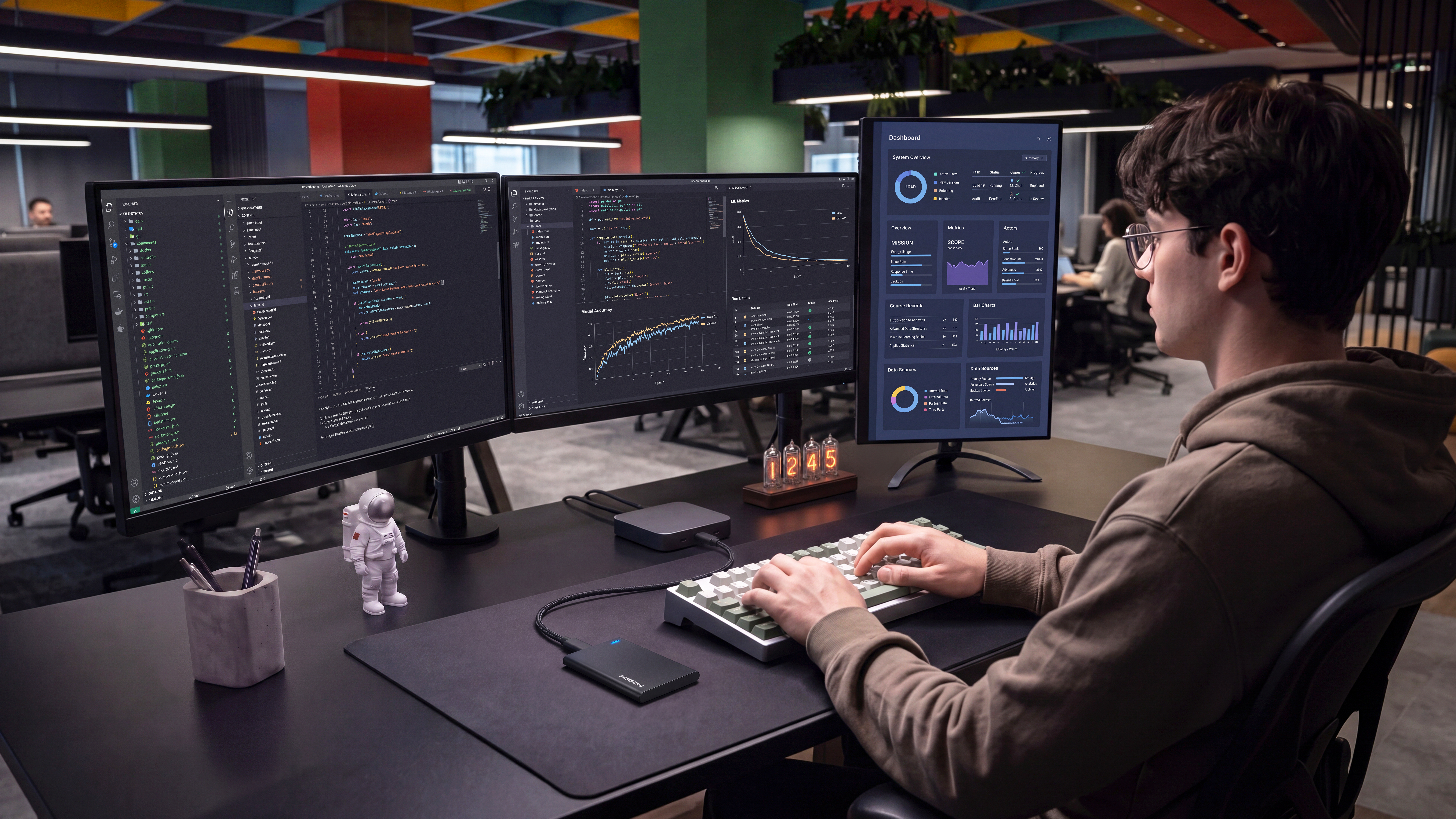 Ein Programmierer tippt an einem Schreibtisch mit drei Monitoren, die Code und Daten anzeigen, in einem modernen Büro.