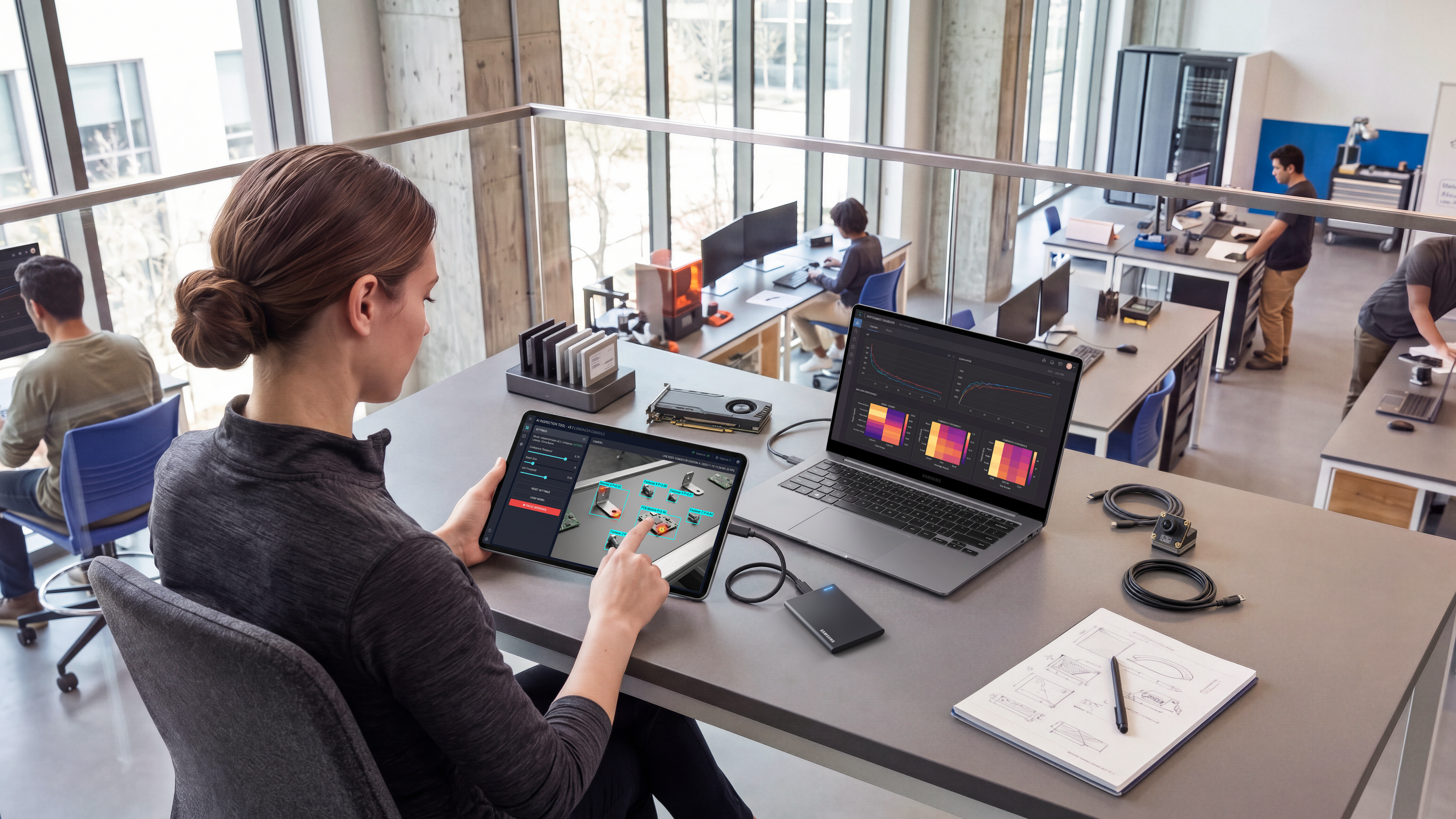 Eine Frau arbeitet an einem Schreibtisch mit einem Tablet, während Laptop und Unterlagen daneben liegen.