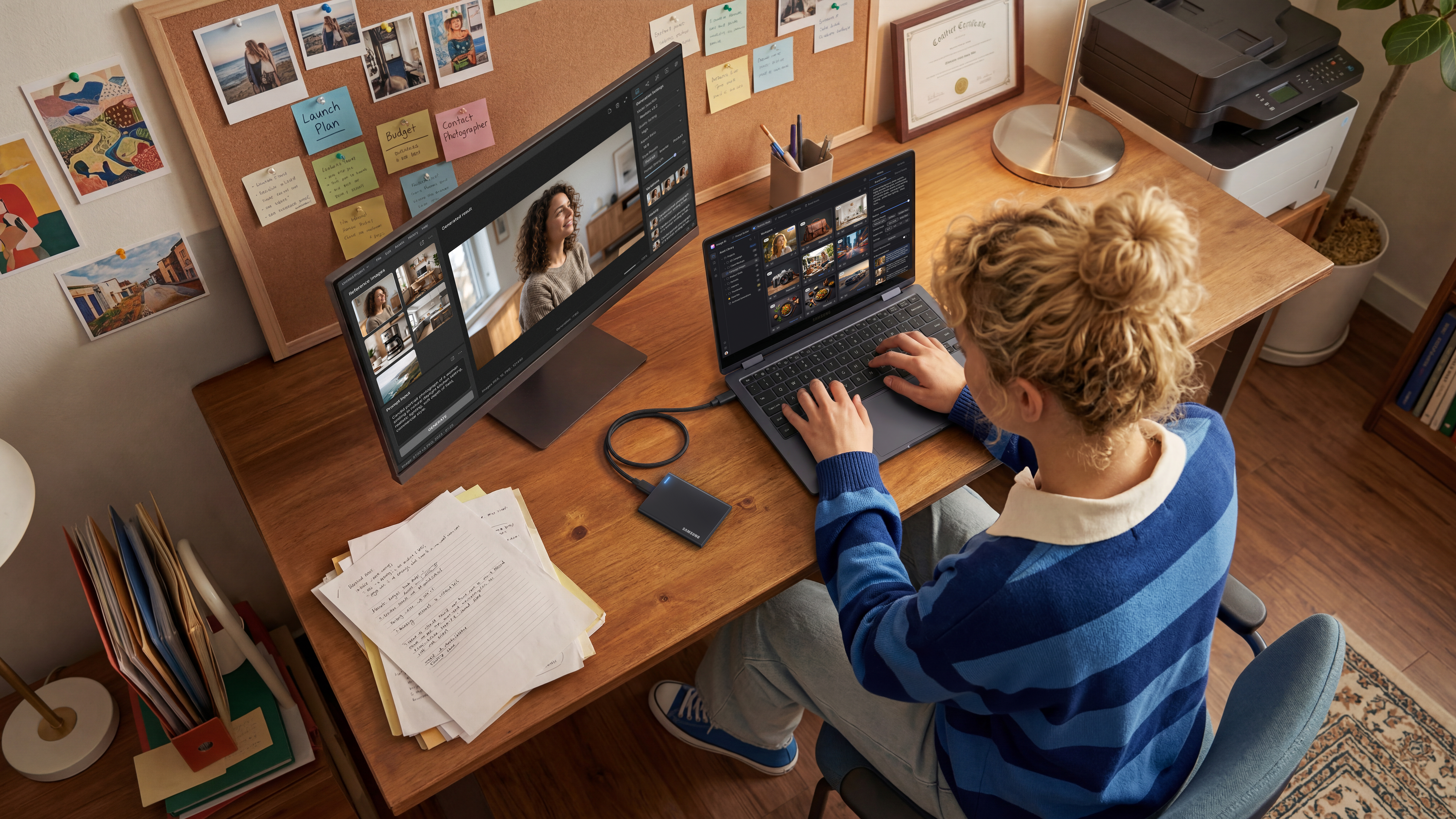 Eine Frau mit blondem Haar sitzt am Schreibtisch und arbeitet an einem Laptop mit angeschlossenem Monitor.