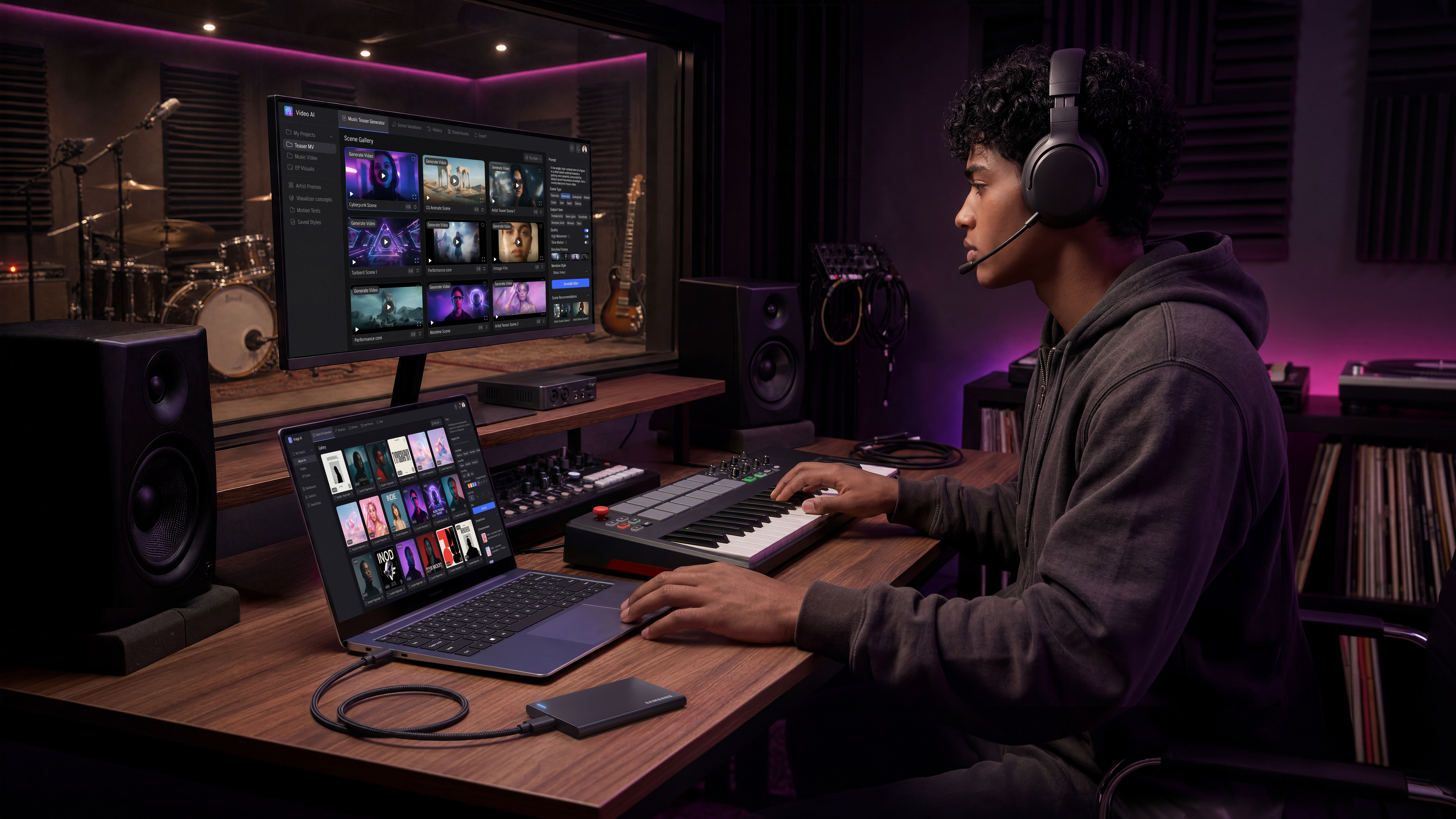 Ein Musiker mit Kopfhörern sitzt in einem Studio und arbeitet an einem Laptop und einem MIDI-Keyboard vor Monitoren.