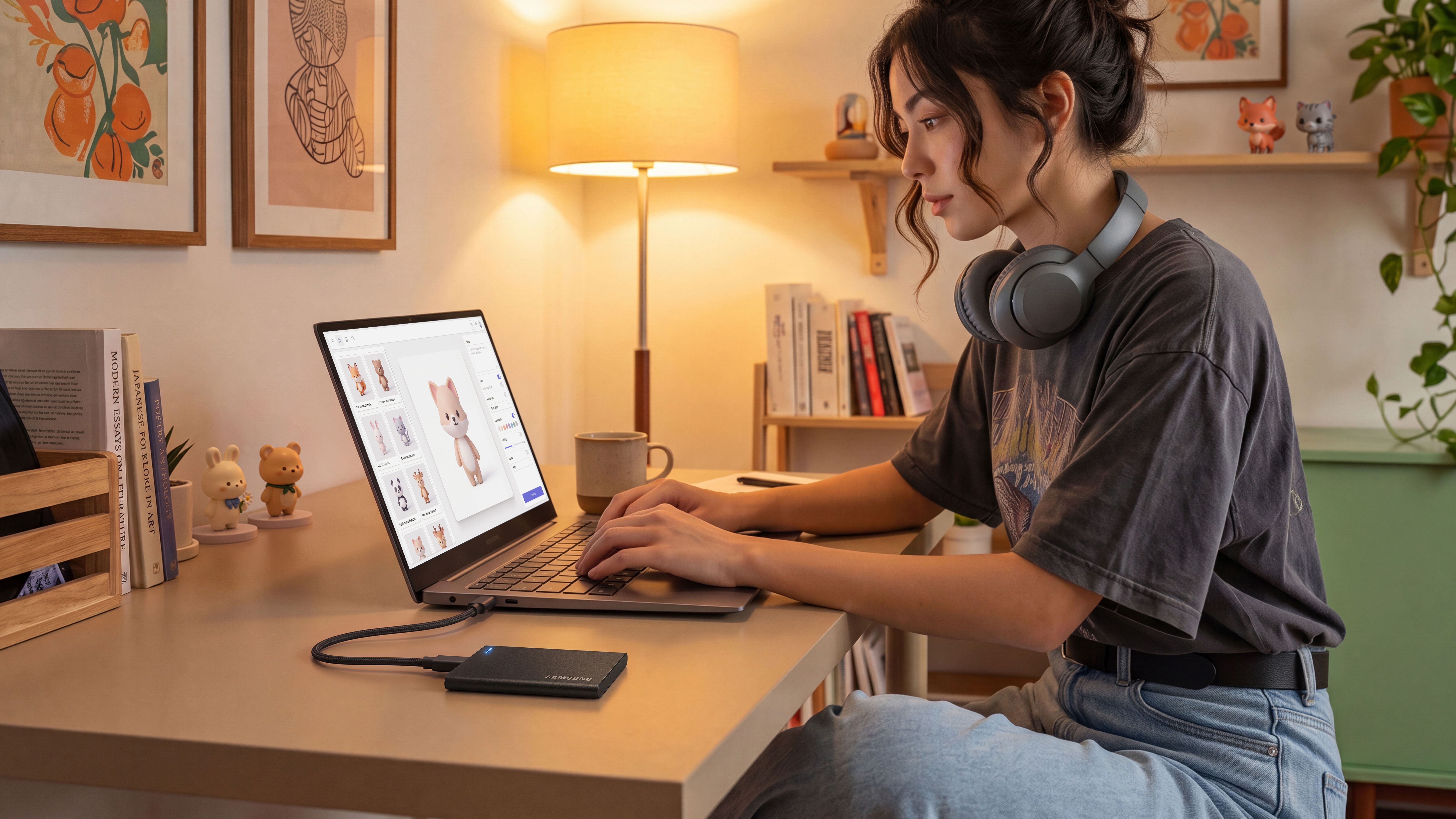 Eine Frau arbeitet mit Kopfhörern an einem Laptop in einem warm beleuchteten Zimmer mit einer externen Festplatte.