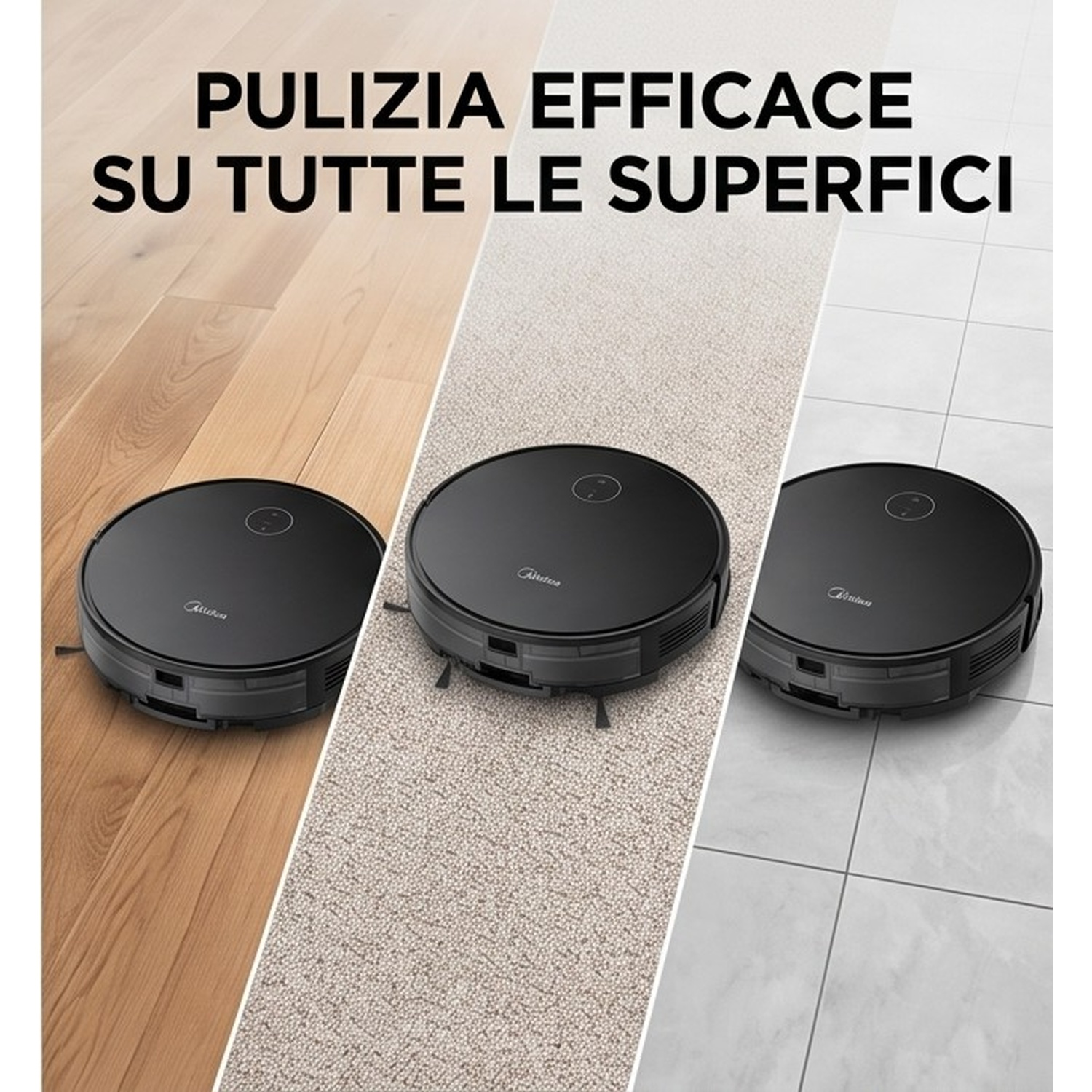 Un robot aspirapolvere nero pulisce diversi tipi di pavimento come legno, tappeto e piastrelle.