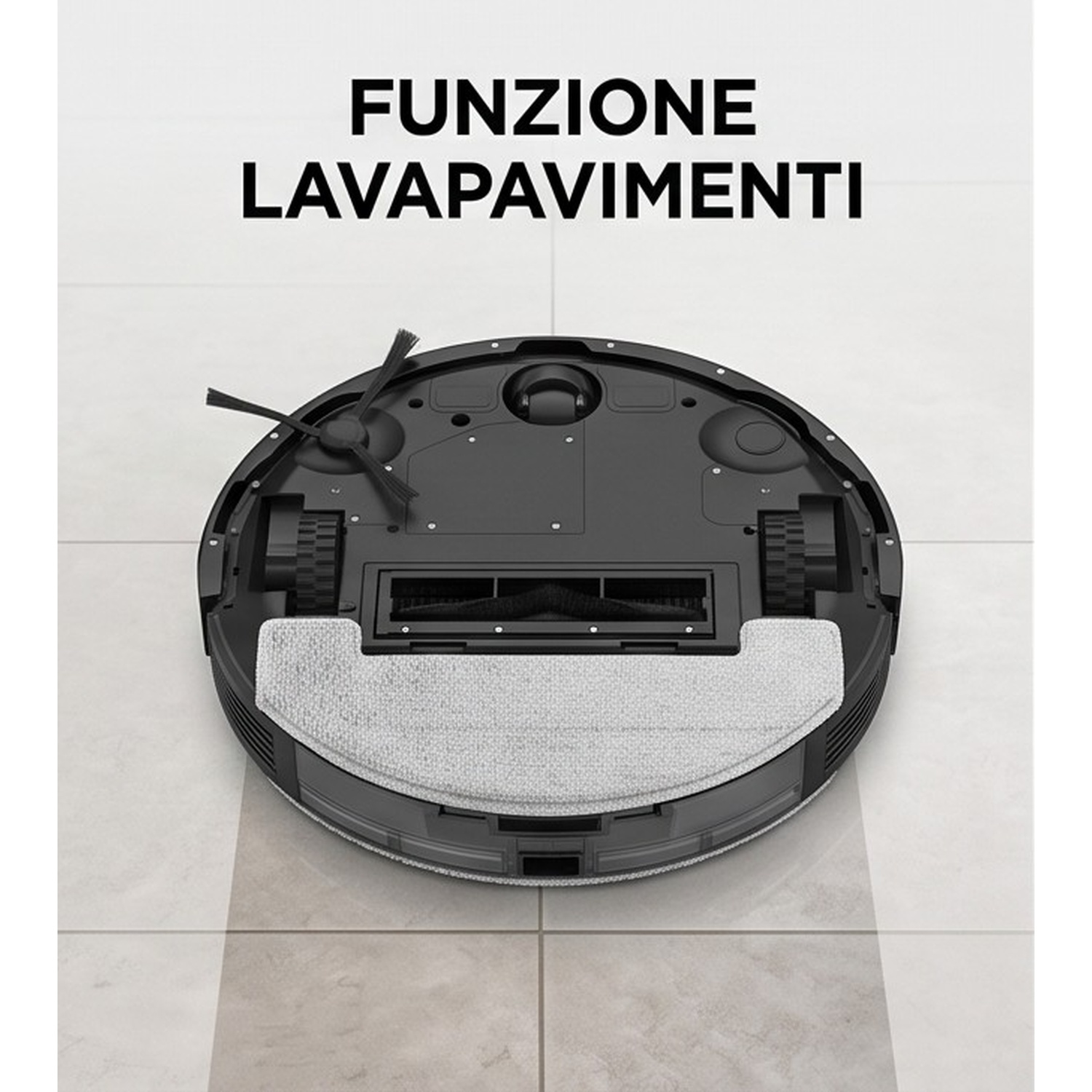 Parte inferiore di un robot aspirapolvere e lavapavimenti nero su pavimento piastrellato chiaro.