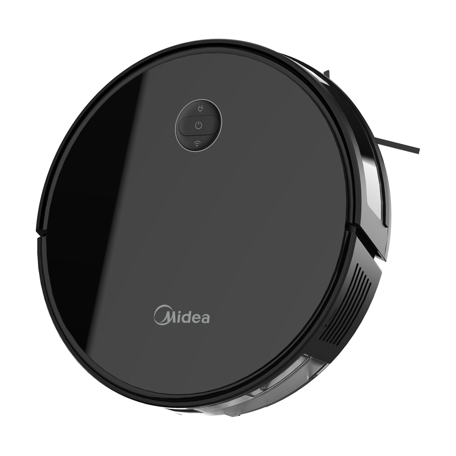 Un robot aspirapolvere Midea nero lucido fotografato dall'alto su sfondo bianco.