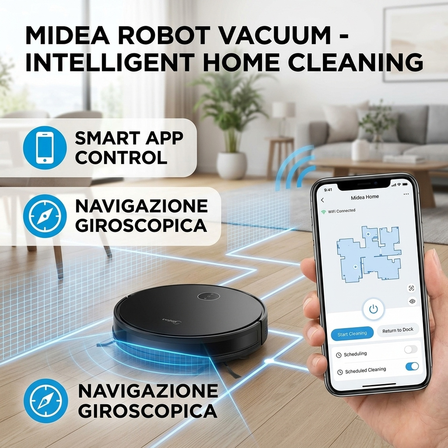 Robot aspirapolvere Midea con controllo app e navigazione giroscopica in un soggiorno.