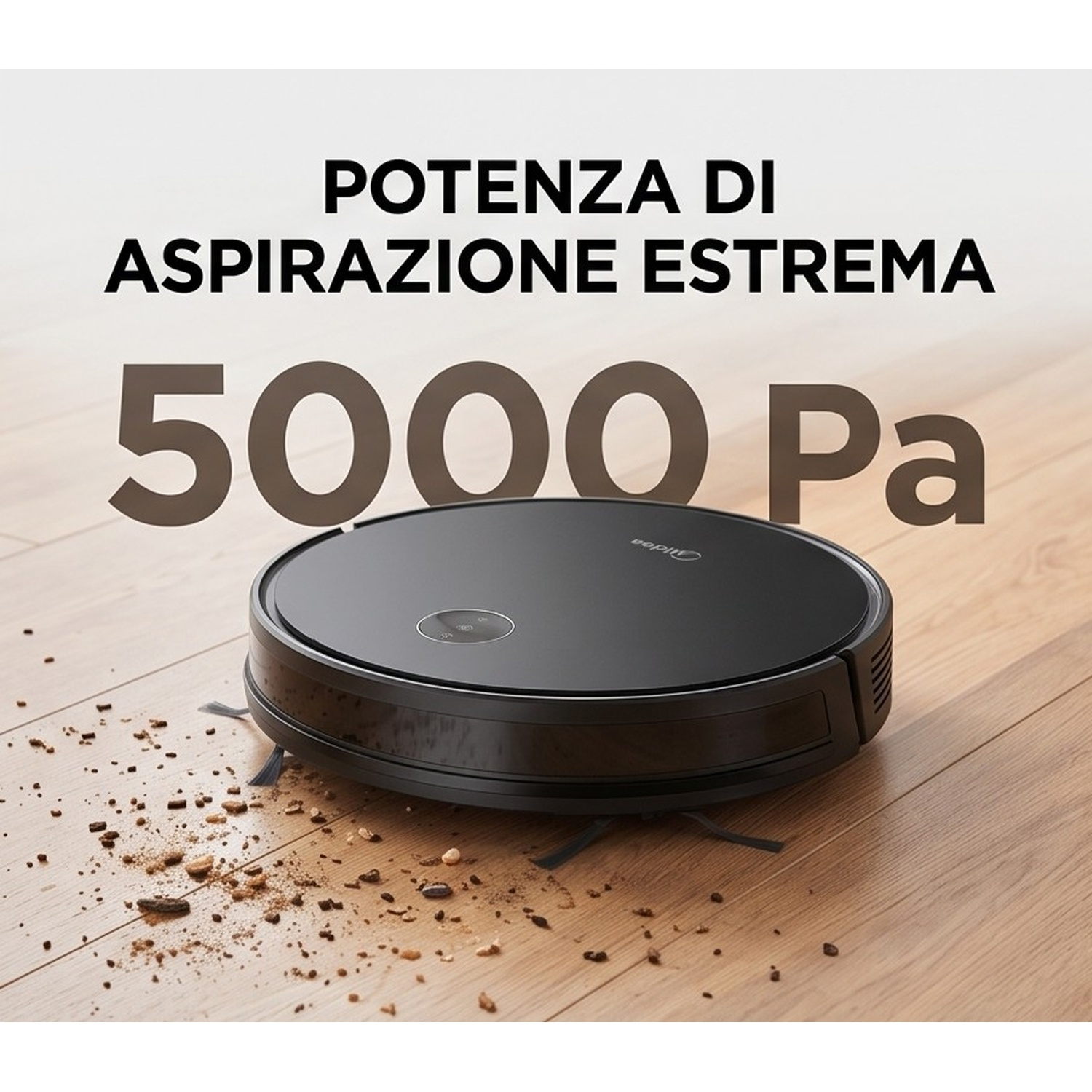 Un robot aspirapolvere nero su pavimento in legno vicino allo sporco con testo 5000 Pa.
