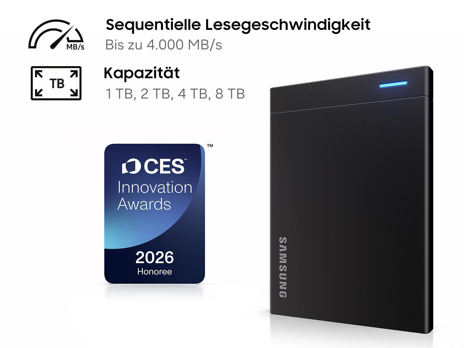 Schwarze Samsung SSD mit LED und CES Innovation Awards 2026 Abzeichen.