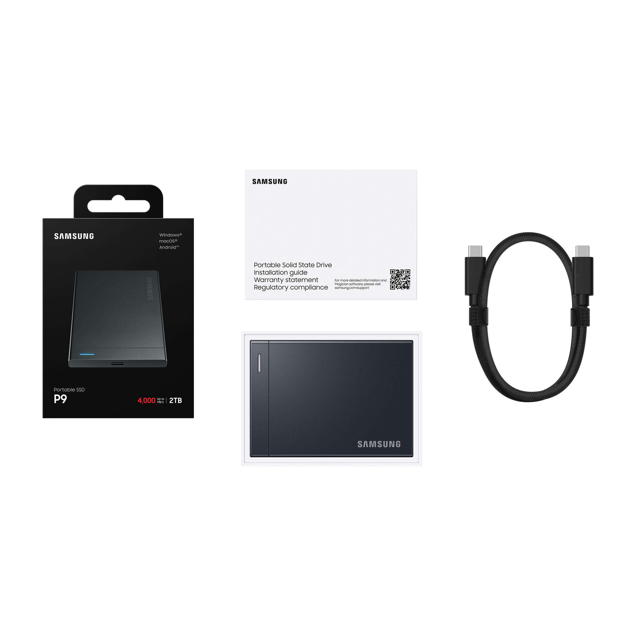 Samsung P9 tragbare SSD mit Verpackung, Handbuch und USB-Kabel.