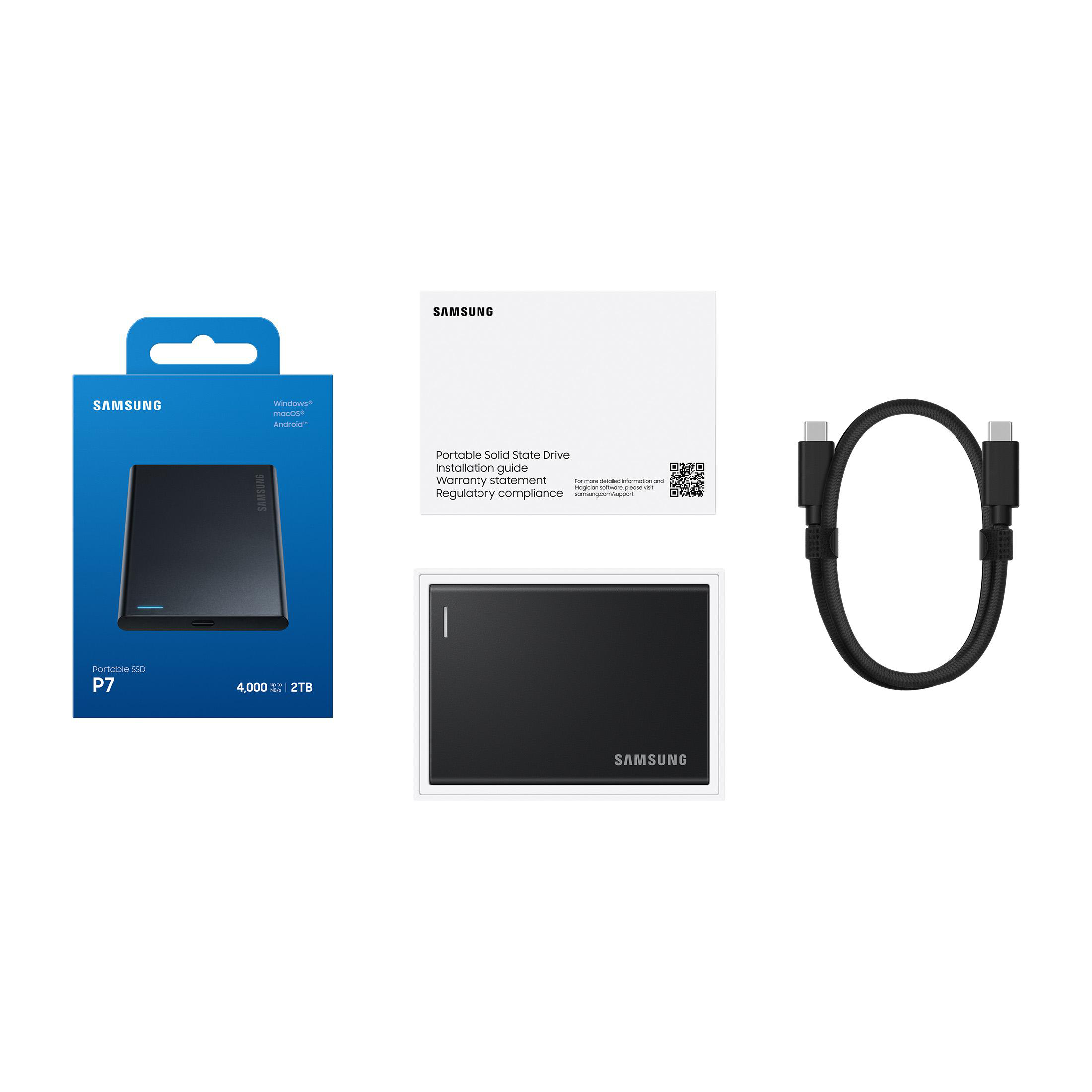 Samsung Portable SSD P7 in Box mit Anleitung und USB-Kabel.