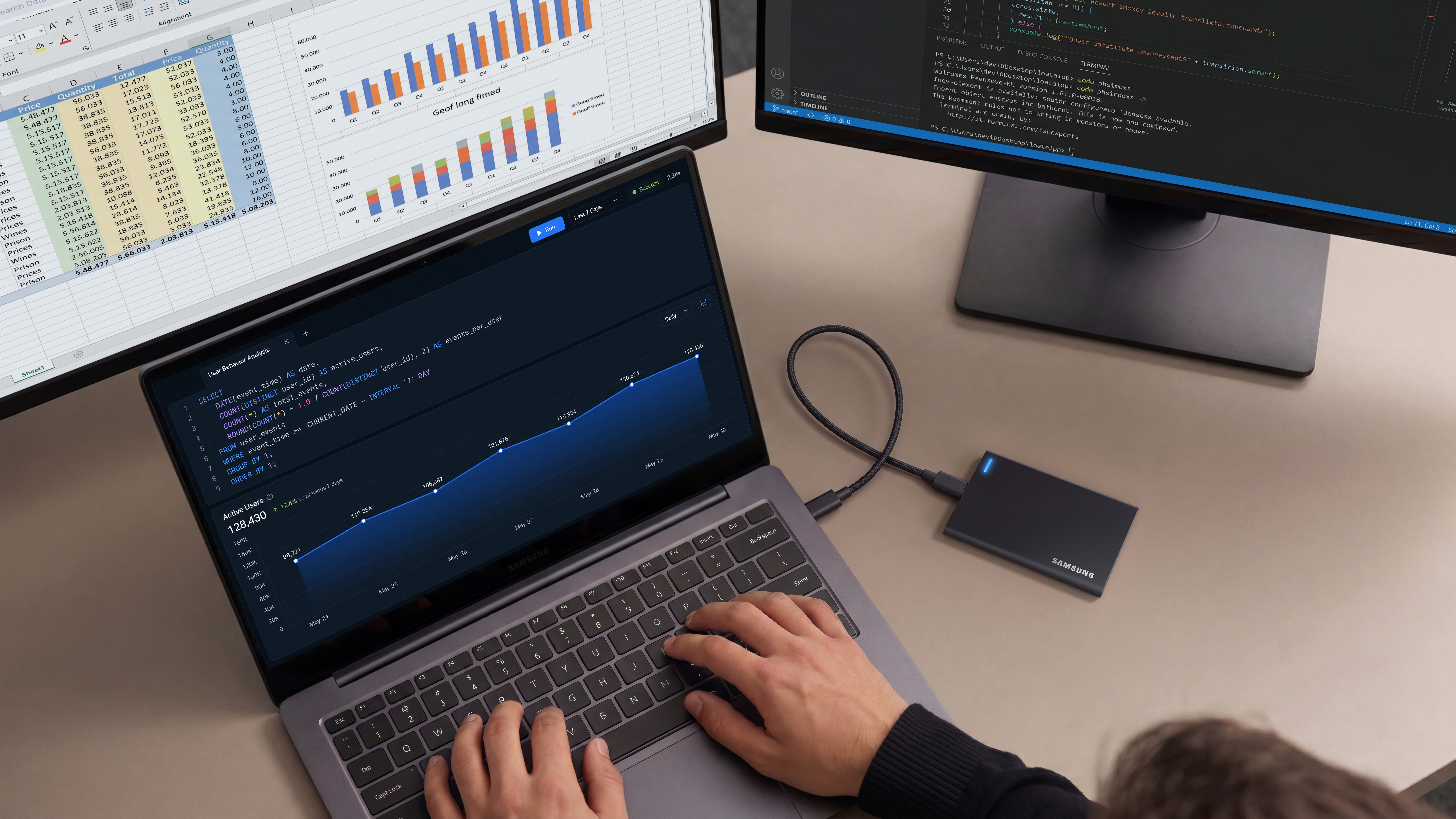 Eine Person tippt auf einem Laptop neben externen Monitoren und einer externen Festplatte.